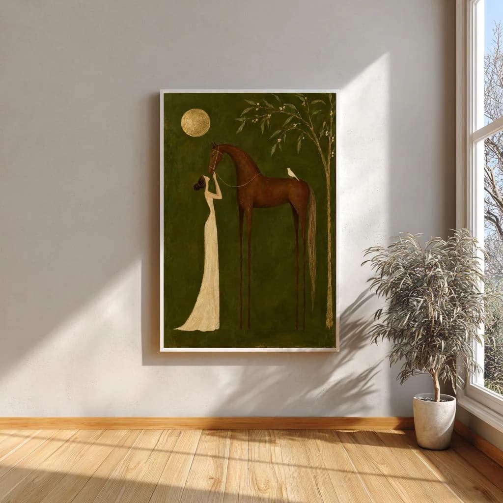 Woman and Horse Framed Wall Art, Olive Green Rustic Oversized Artwork - image 4