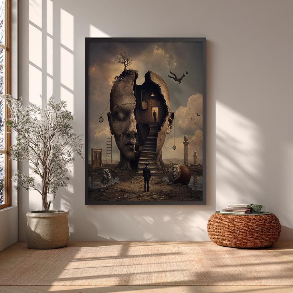Surreal philosophical artwork featuring a giant cracked human head with staircases, floating clocks, dreamlike figures, and symbolic fantasy elements