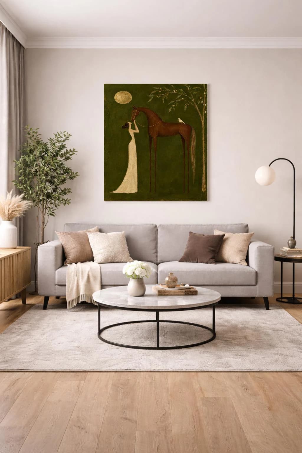 Olive green horse artwork featuring elongated figures, earthy colors and subtle vintage texture.