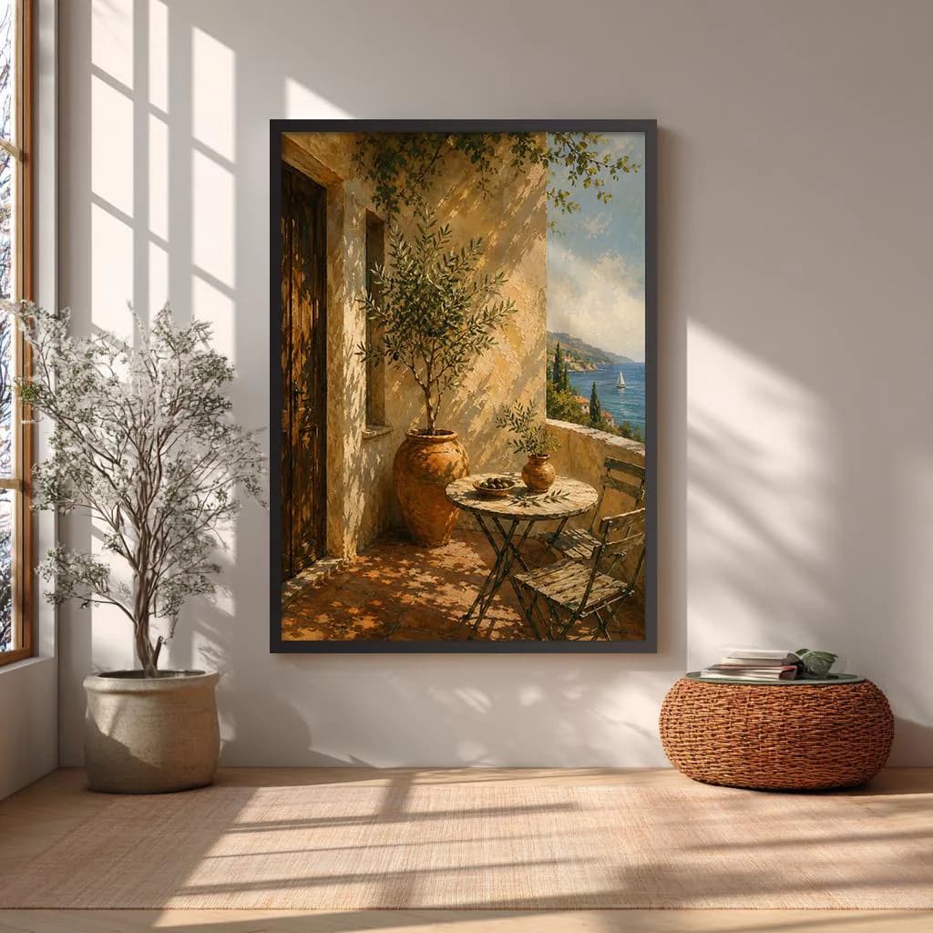 Mediterranean coastal wall art featuring an olive tree terrace overlooking the sea with warm sunlight and European charm.