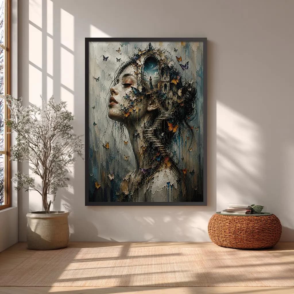 Ethereal woman wall decor with fantasy architecture, butterflies and richly textured artistic details in modern surreal style.