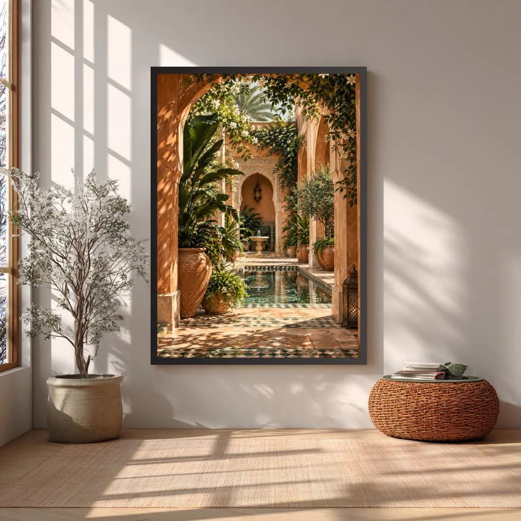 Moroccan riad canvas with terracotta walls, traditional arches, green tilework and peaceful courtyard pool.