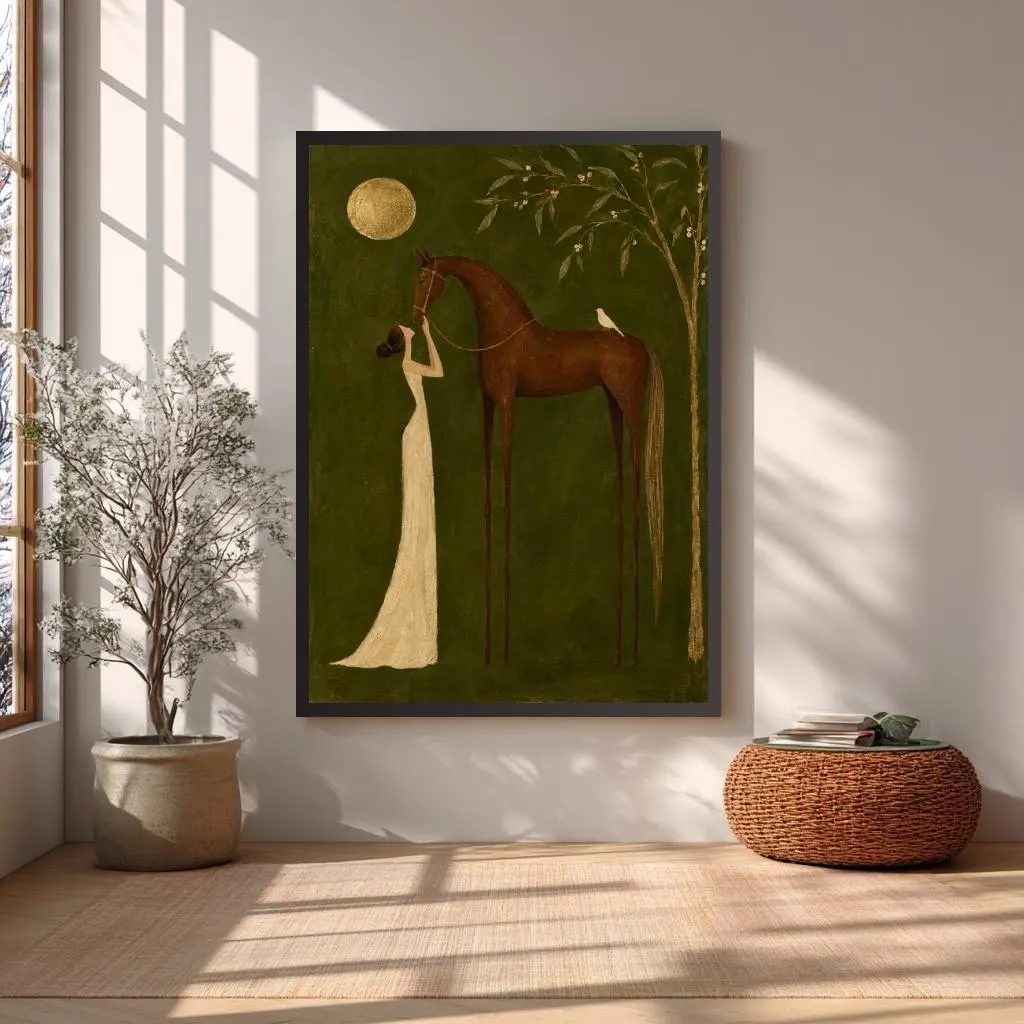 Olive green horse artwork featuring elongated figures, earthy colors and subtle vintage texture.