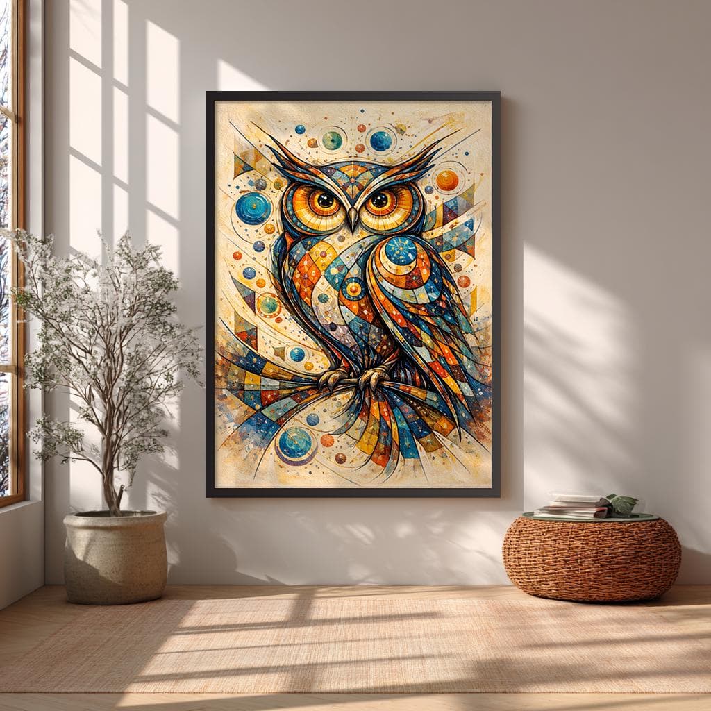 Colorful abstract owl wall art with geometric patterns and vibrant colors