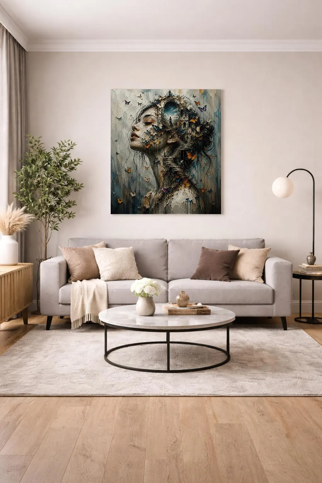 Butterfly woman canvas artwork featuring dream world scenery, romantic atmosphere and textured mixed media appearance.