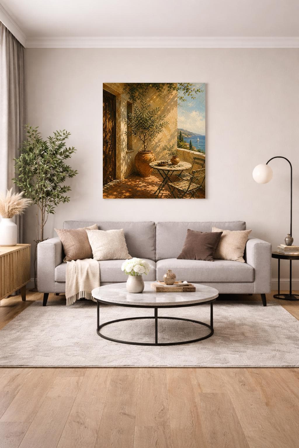 Mediterranean coastal wall art featuring an olive tree terrace overlooking the sea with warm sunlight and European charm.