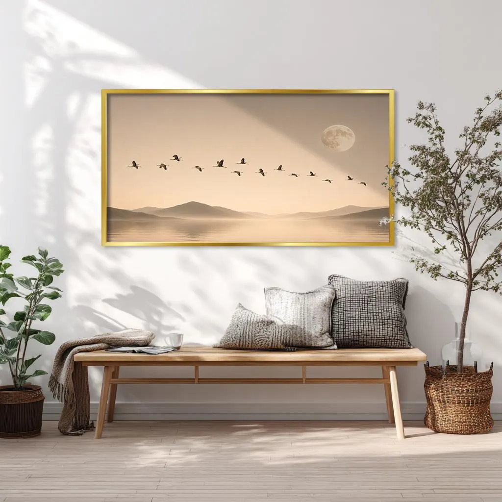 Minimalist Moon Lake Framed Wall Art, Zen Nature Crane Oversized Artwork - image 2