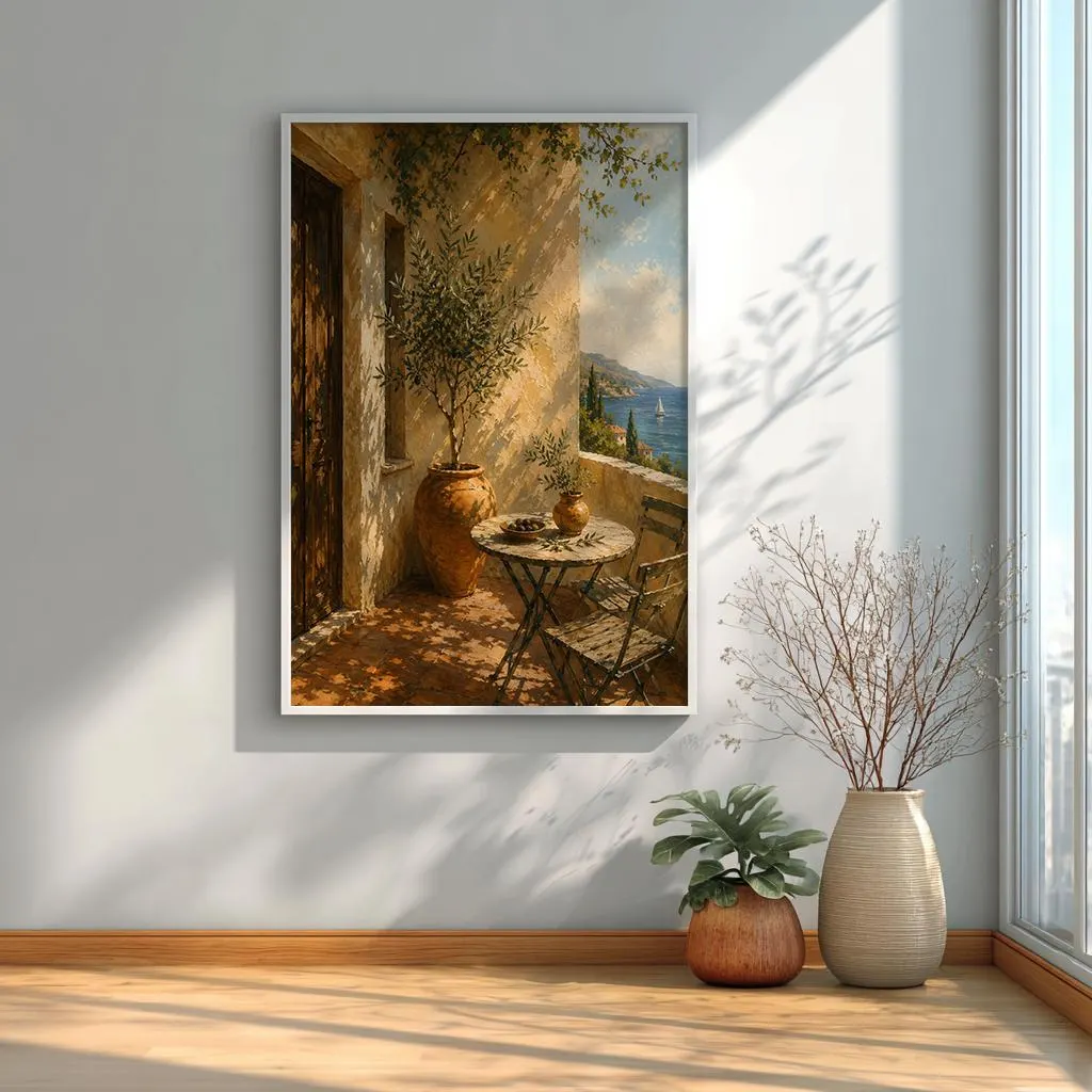 Mediterranean coastal wall art featuring an olive tree terrace overlooking the sea with warm sunlight and European charm.
