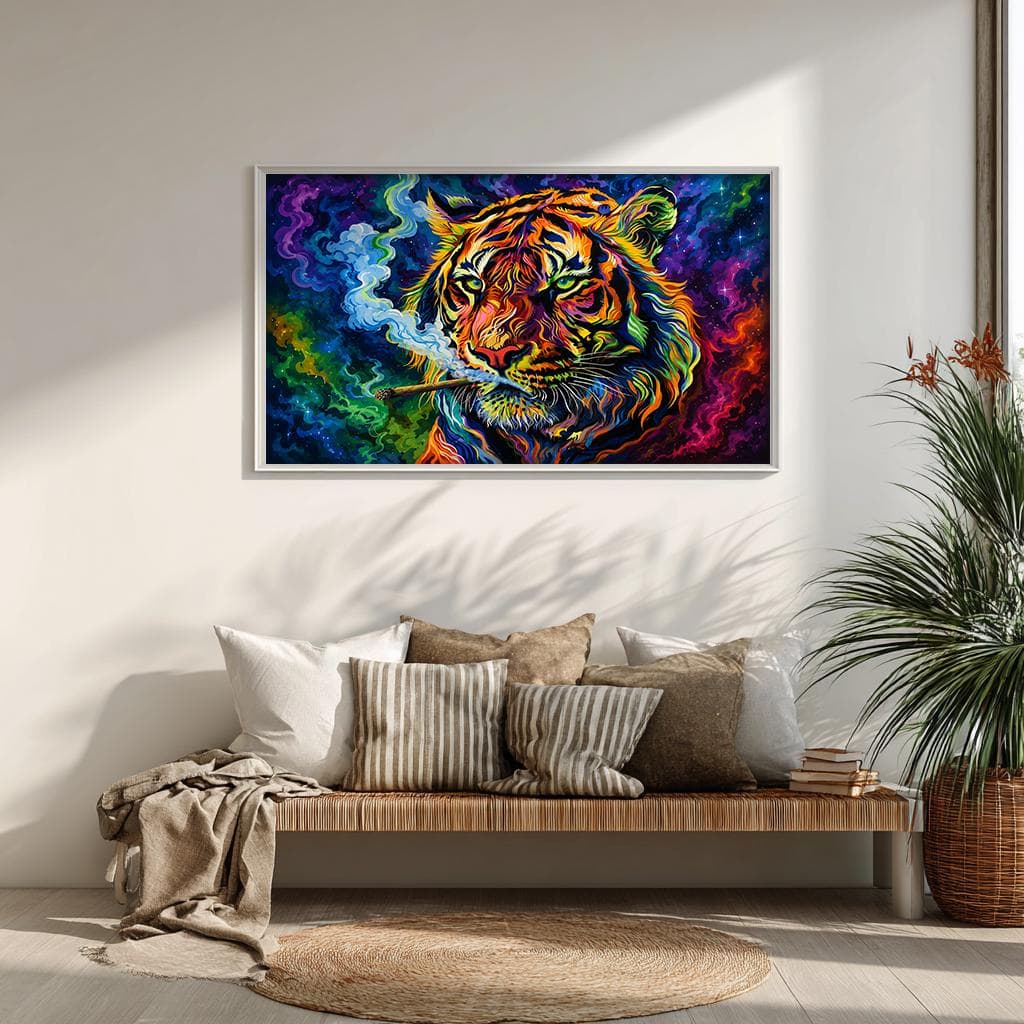 Gaming room wall art with bold tiger imagery and vibrant psychedelic color palette.