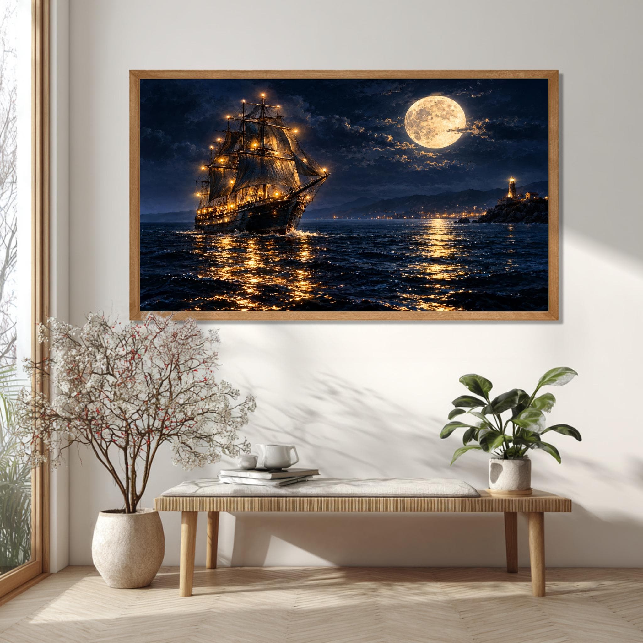 Nautical canvas print with historic sailing ship, moonlit sea and lighthouse along a distant rocky coast.