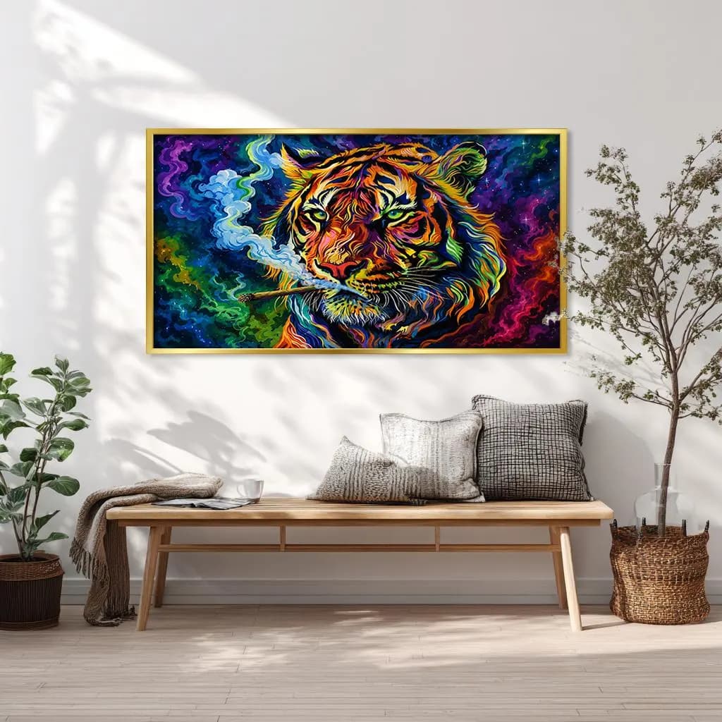 Colorful tiger canvas print with trippy pop art aesthetics and bold contemporary design.