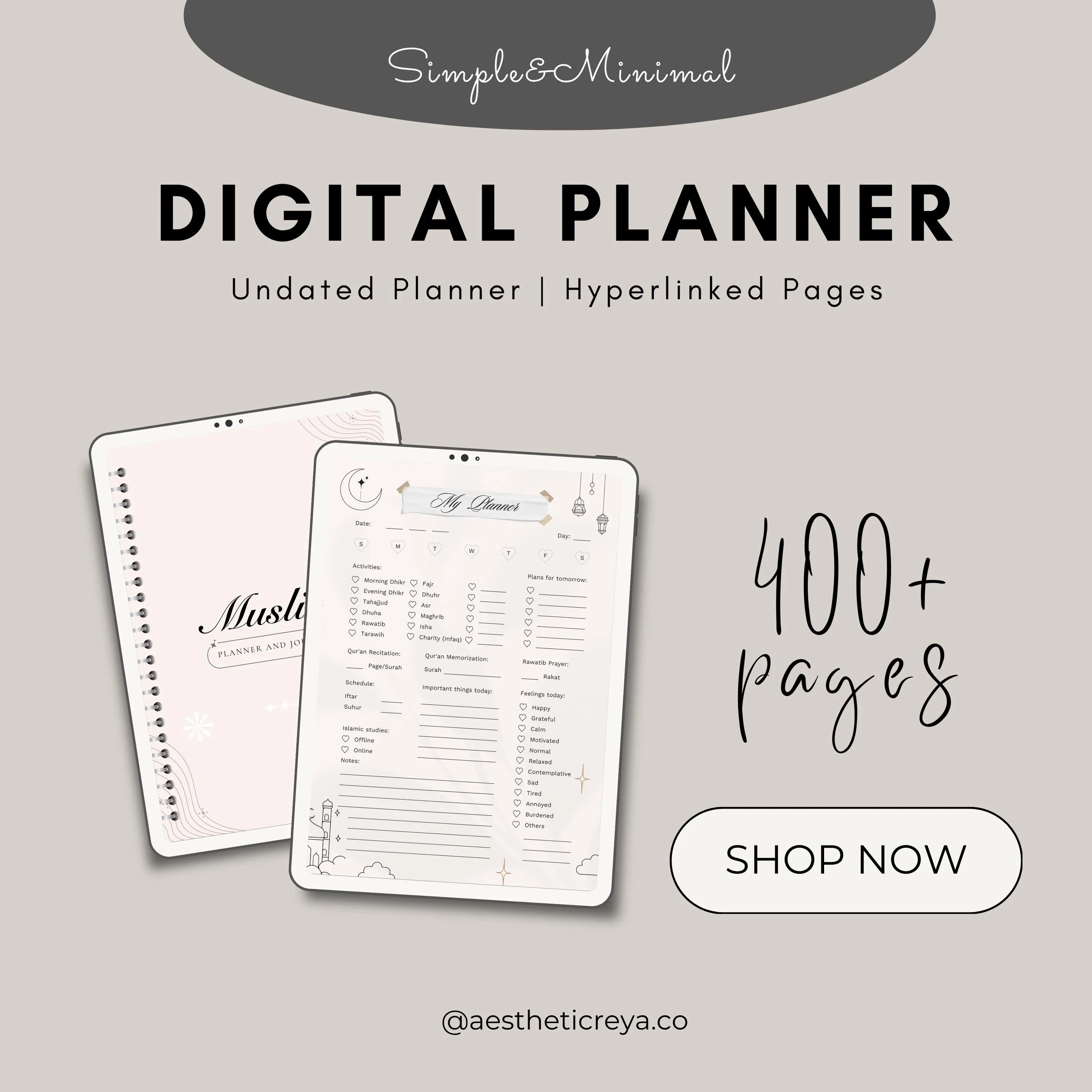 Islamic daily planner printable with Muslim prayer tracker Dhikr checklist and Quran recitation log in cream and gold design