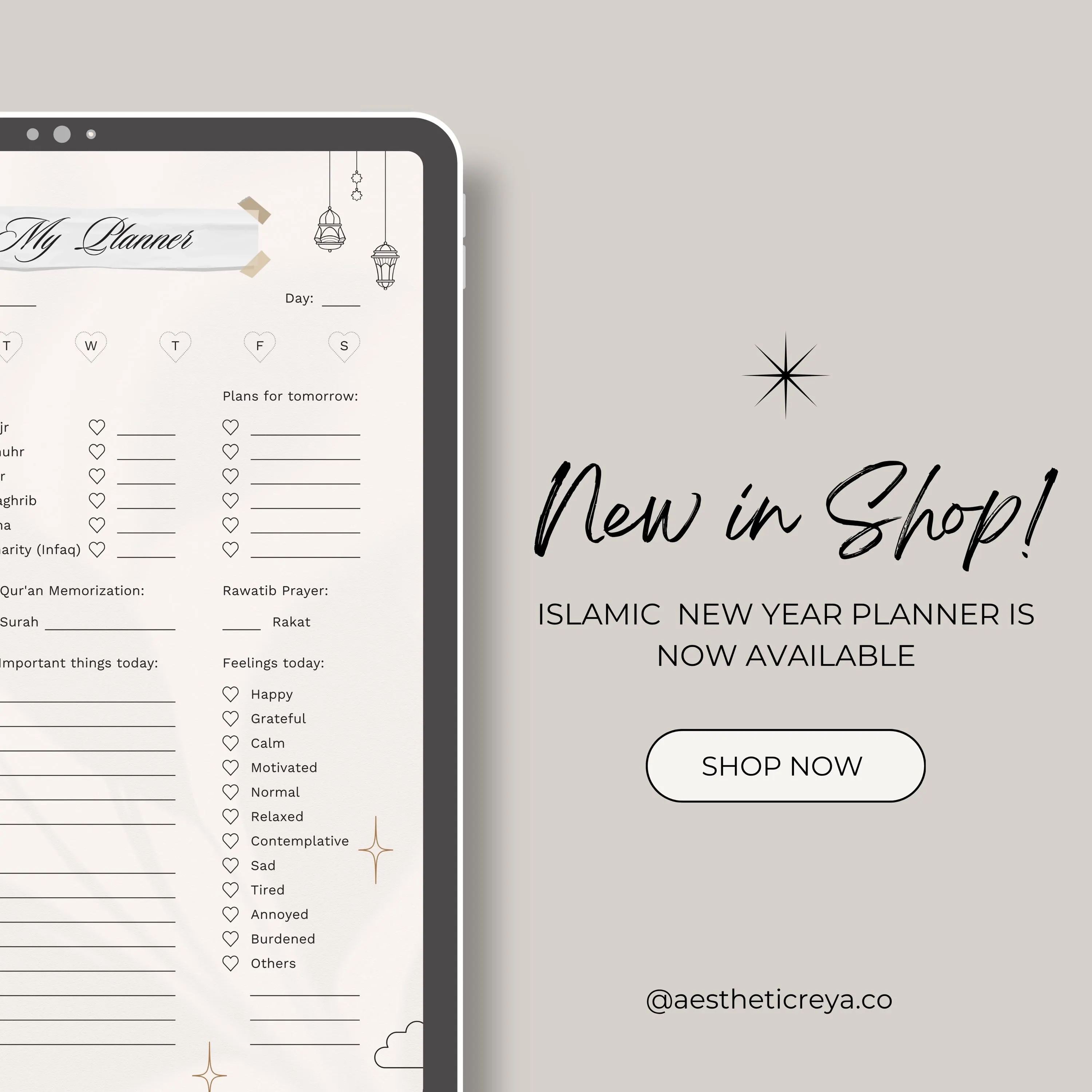 Islamic daily planner printable with Muslim prayer tracker Dhikr checklist and Quran recitation log in cream and gold design
