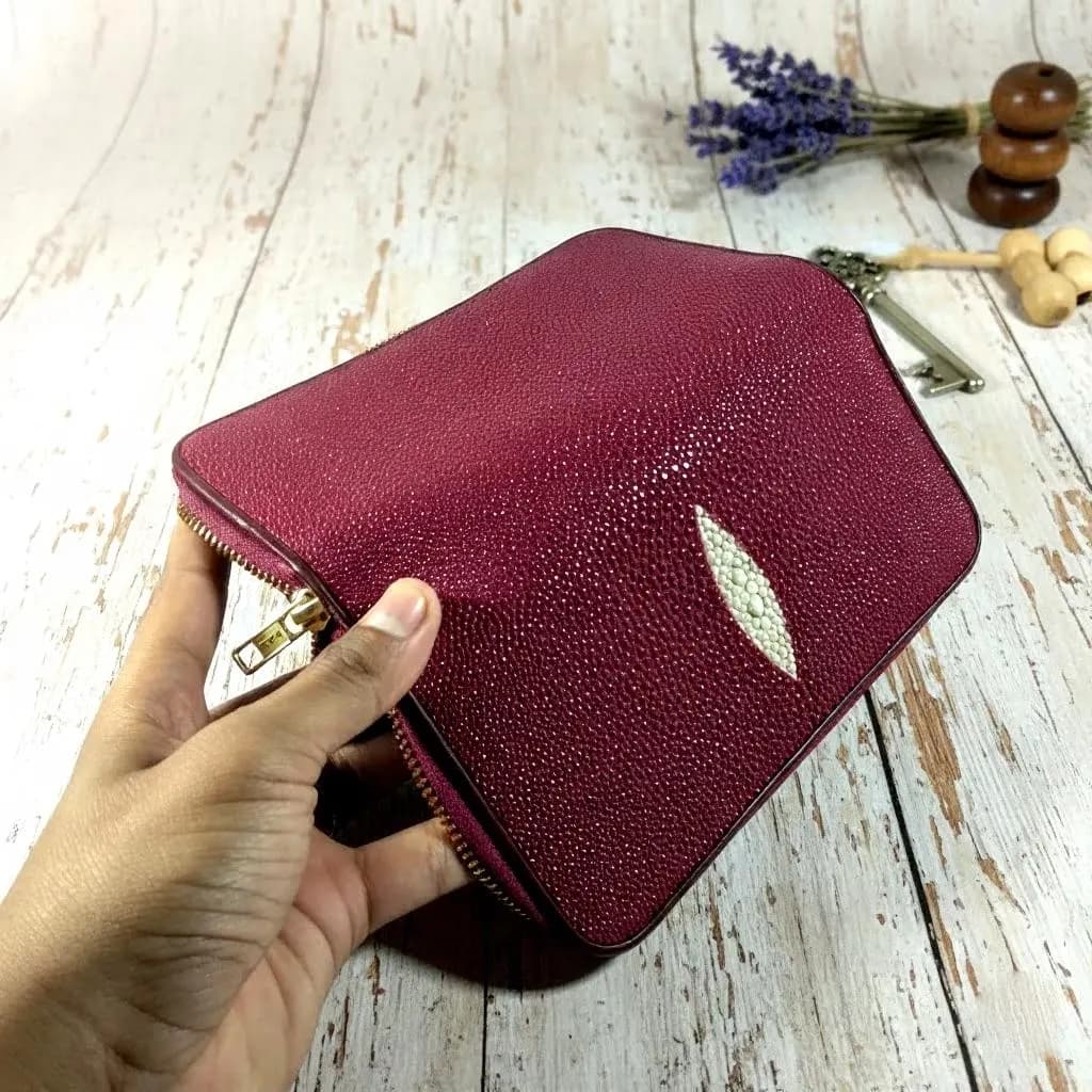 Maroon Stingray Leather Wallet, Handmade Exotic Clutch - image 4