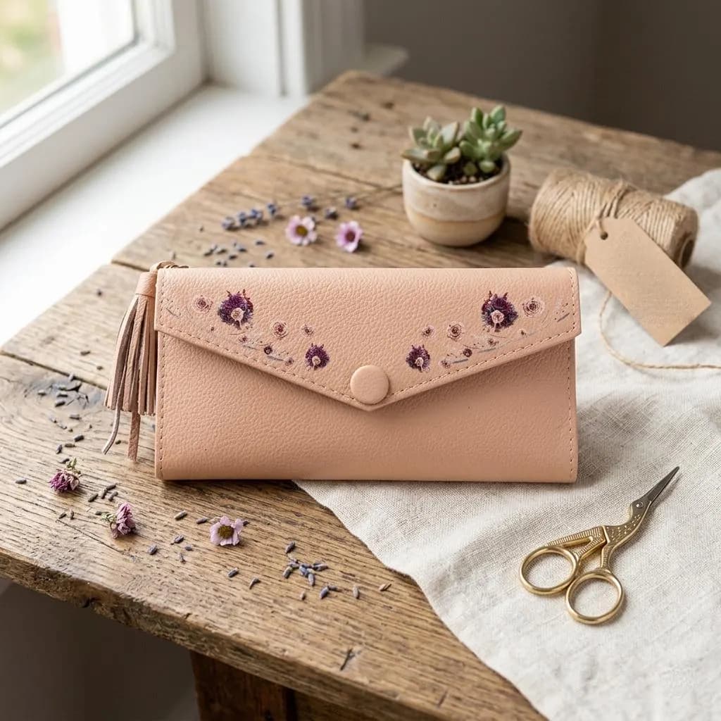 Handmade Genuine Leather Wallet – Embroidered Roses, Slim Bifold Clutch, Minimalist Design - image 3