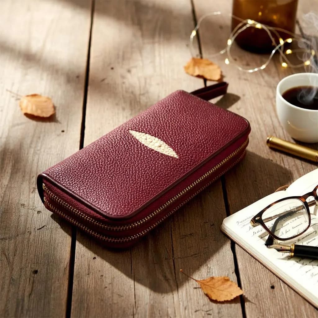 Maroon Stingray Leather Wallet, Handmade Exotic Clutch - image 3