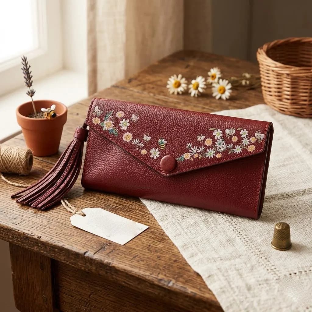Handmade Genuine Leather Wallet – Embroidered Roses, Slim Bifold Clutch, Minimalist Design - image 4