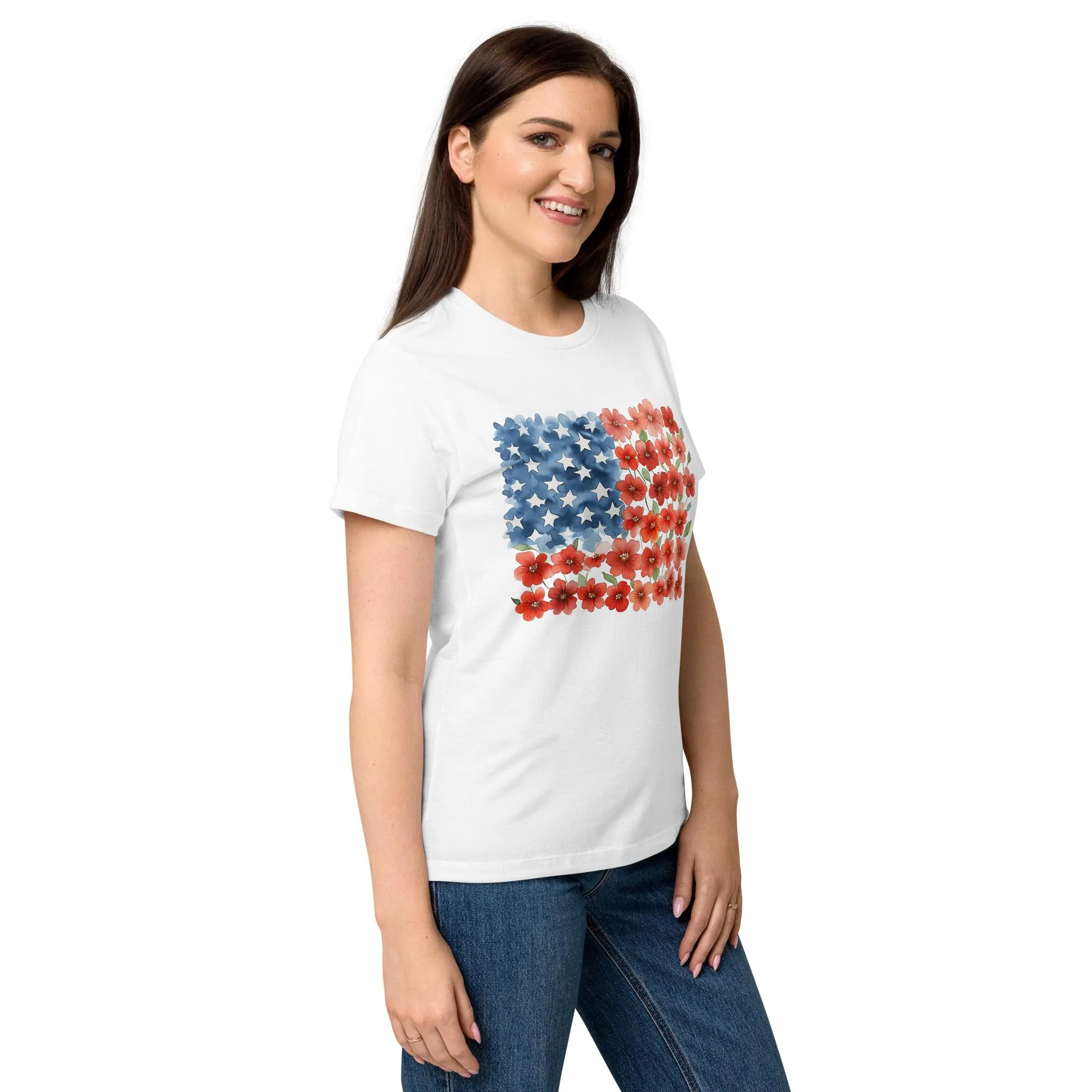 Women’s July 4th Tee Independence Day T-Shirt Fourth of July Shirt Floral Boho Bohemian Semi-Fitted