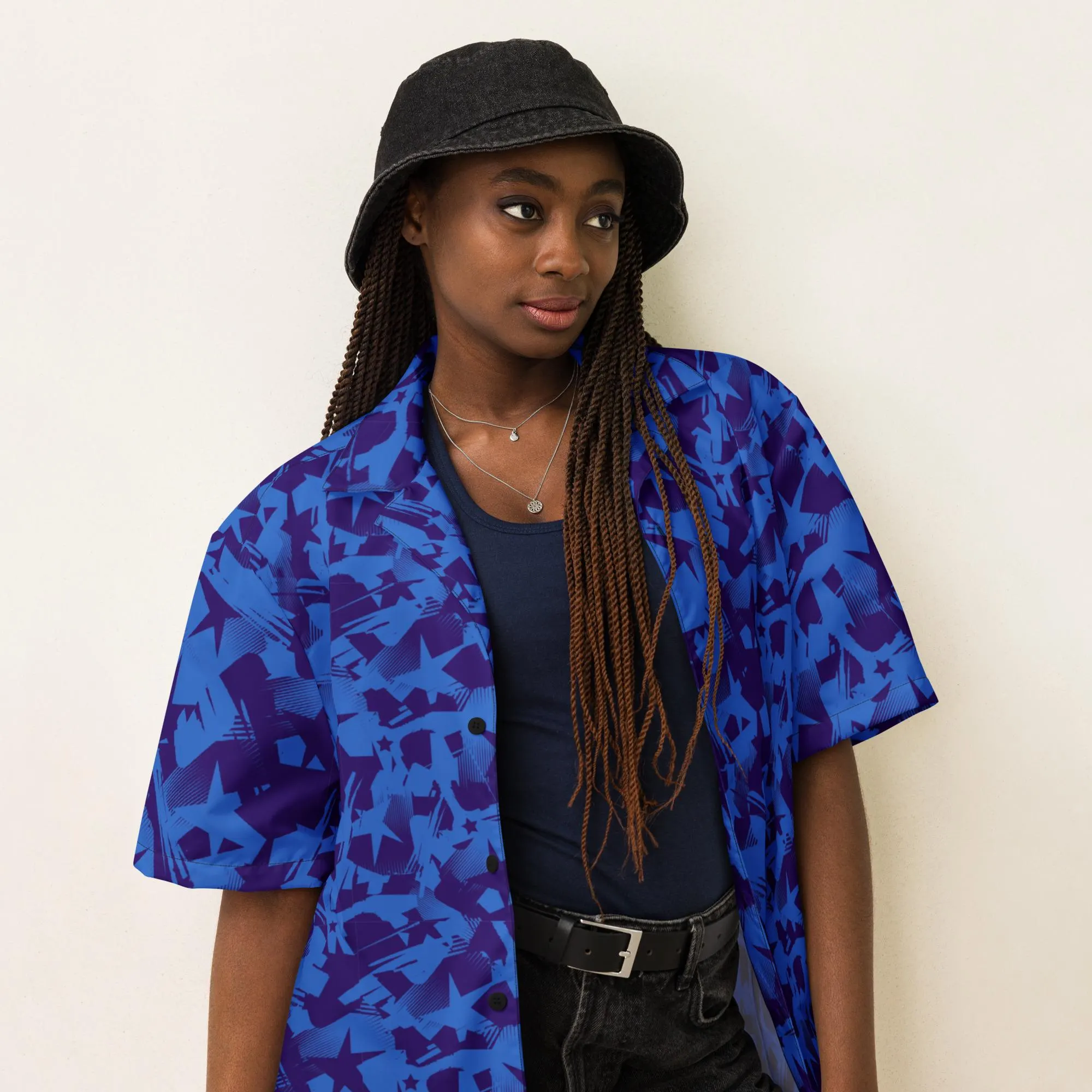 Blue Stars Print Button Shirt Patriotic Top for Independence Day