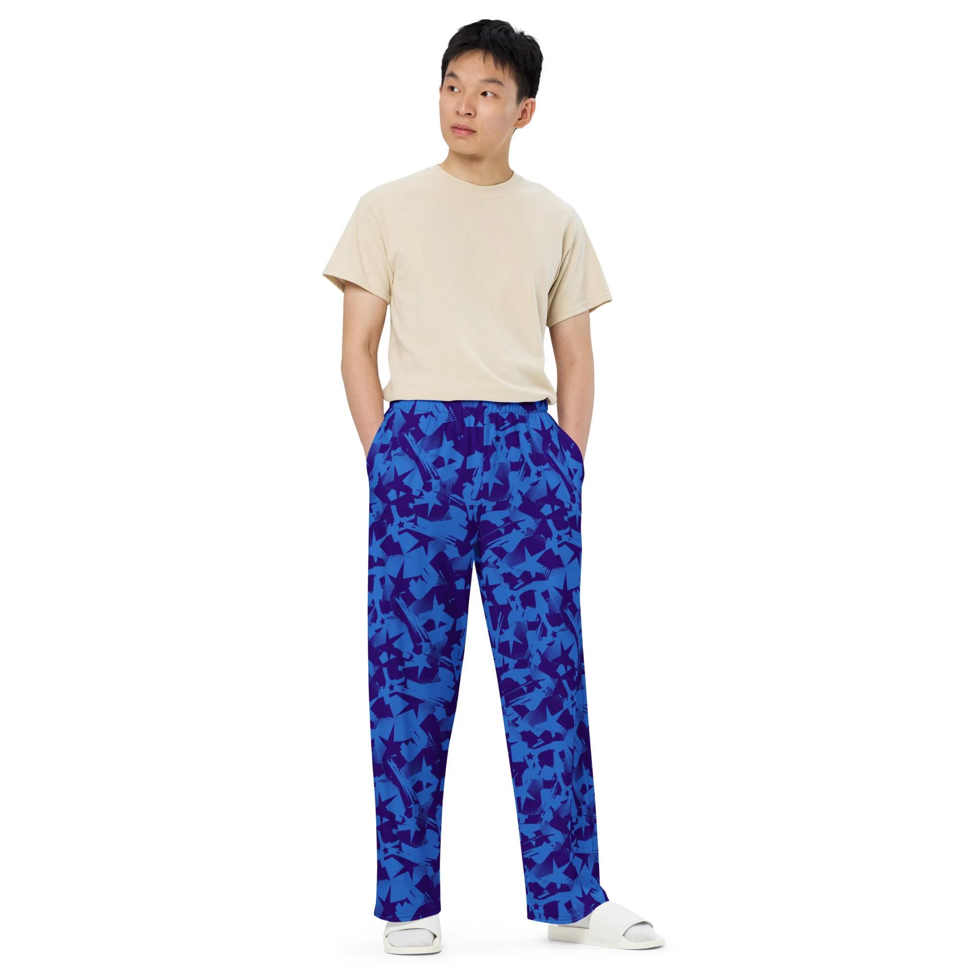 Patriotic Blue Stars Print Wide-leg Pants for Independence Day
