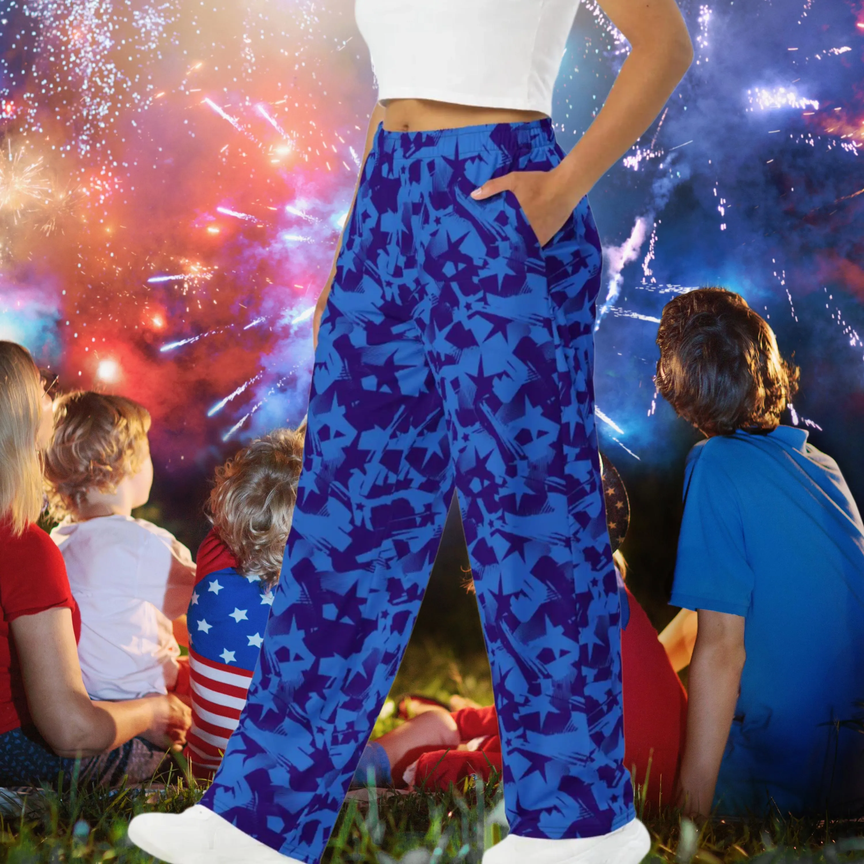 Patriotic Blue Stars Print Wide-leg Pants for Independence Day