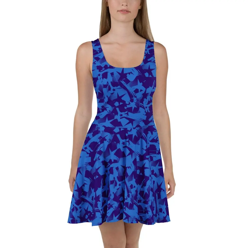 Patriotic Sleeveless Blue Stars Print Skater Dress for Independence Day