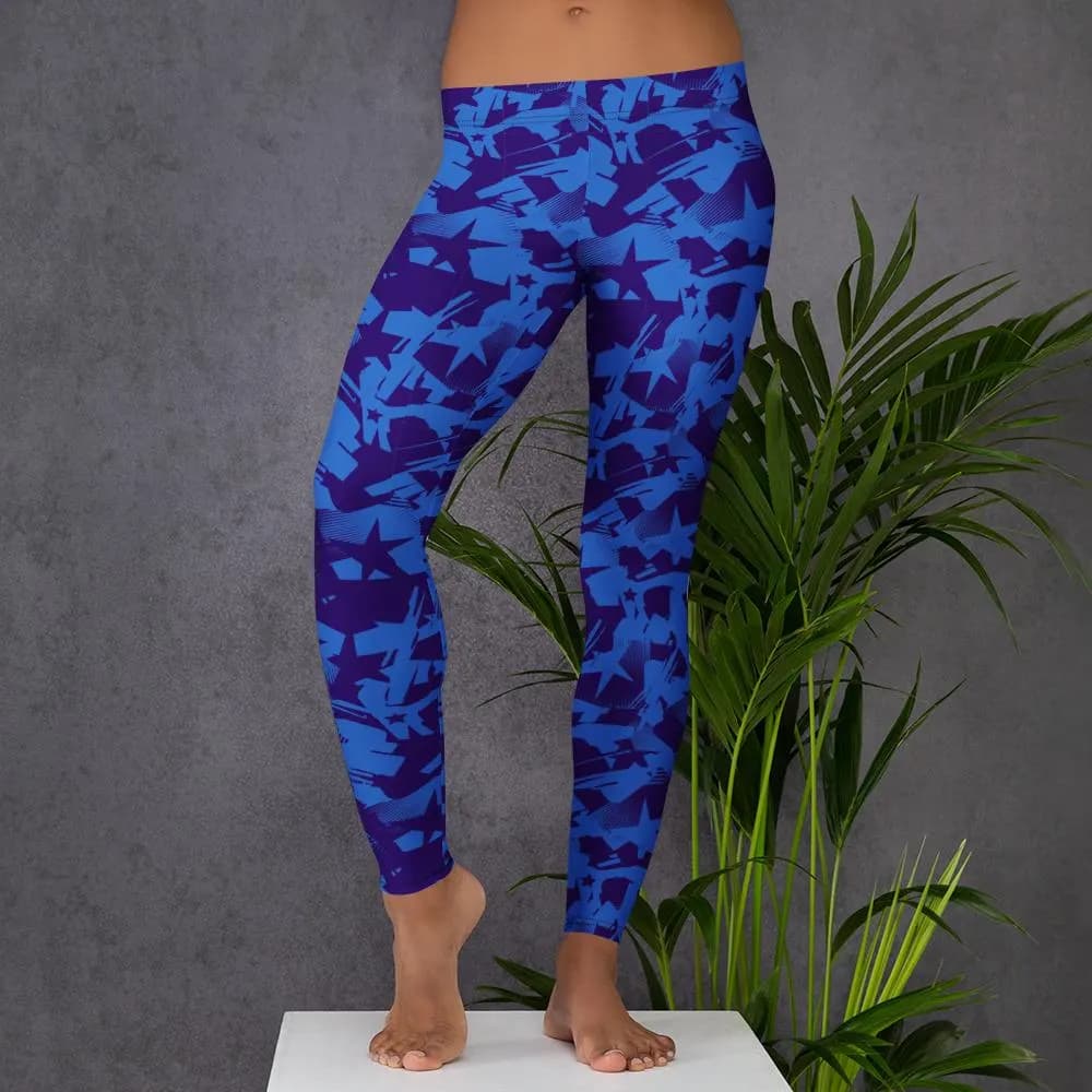 Patriotic Blue Stars Print Leggings for Independence Day