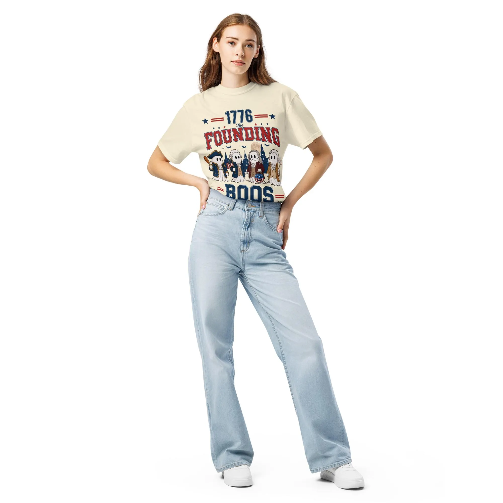 Patriotic Halloween T-Shirt Garment-dyed Heavyweight Ghost Tee for Fall