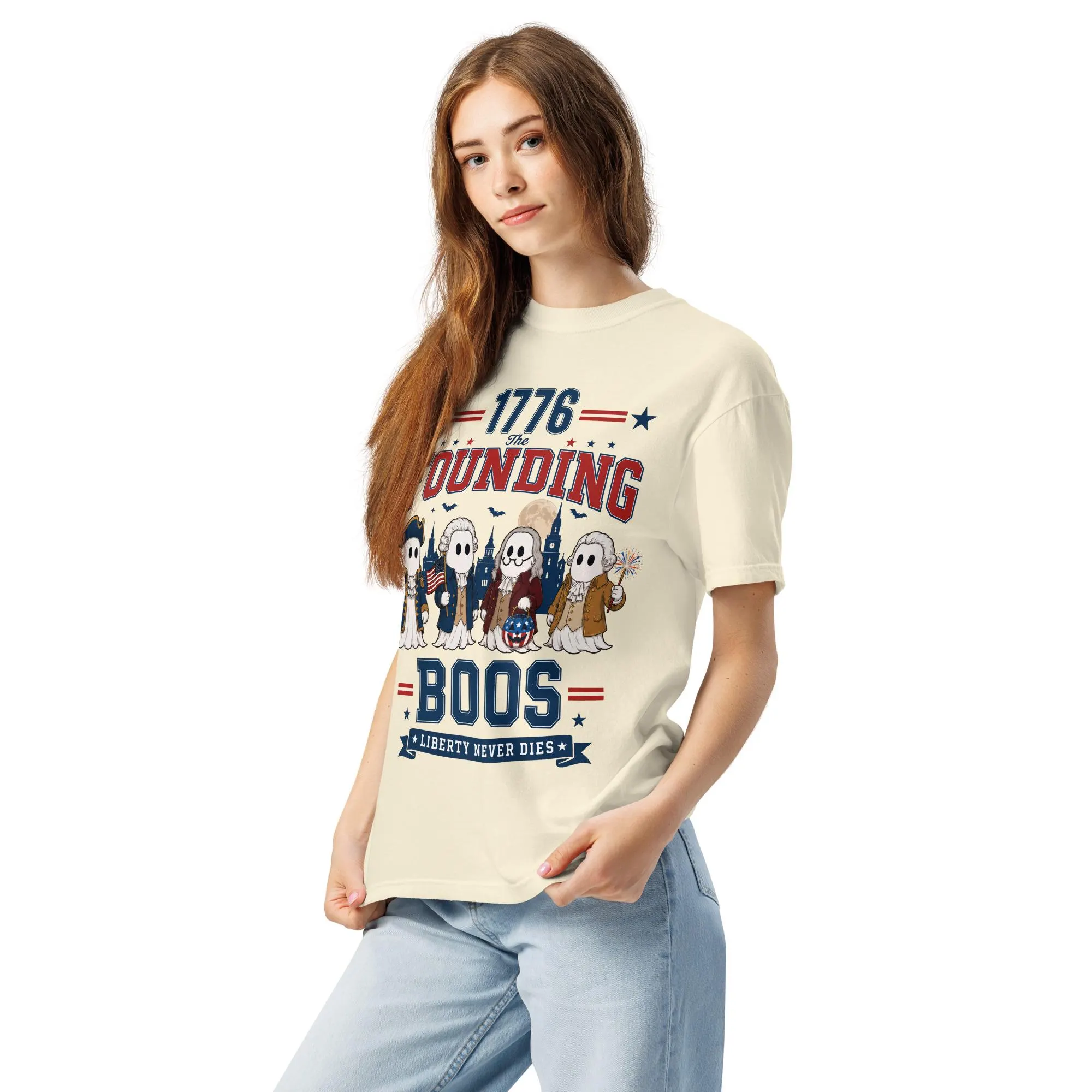 Patriotic Halloween T-Shirt Garment-dyed Heavyweight Ghost Tee for Fall