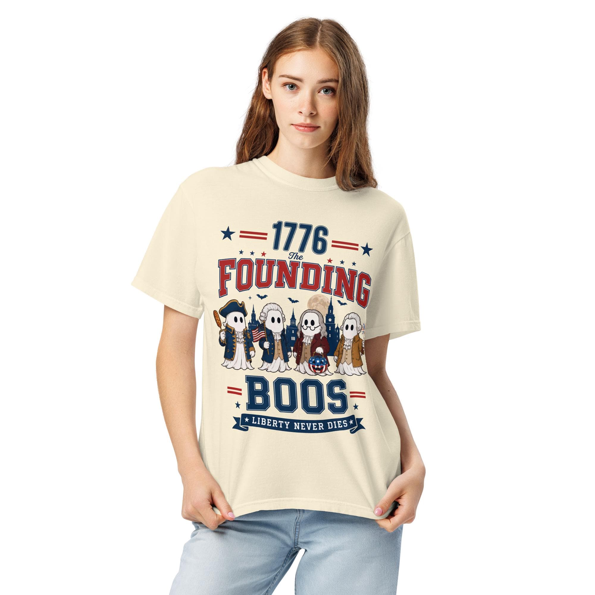 Patriotic Halloween T-Shirt Garment-dyed Heavyweight Ghost Tee for Fall