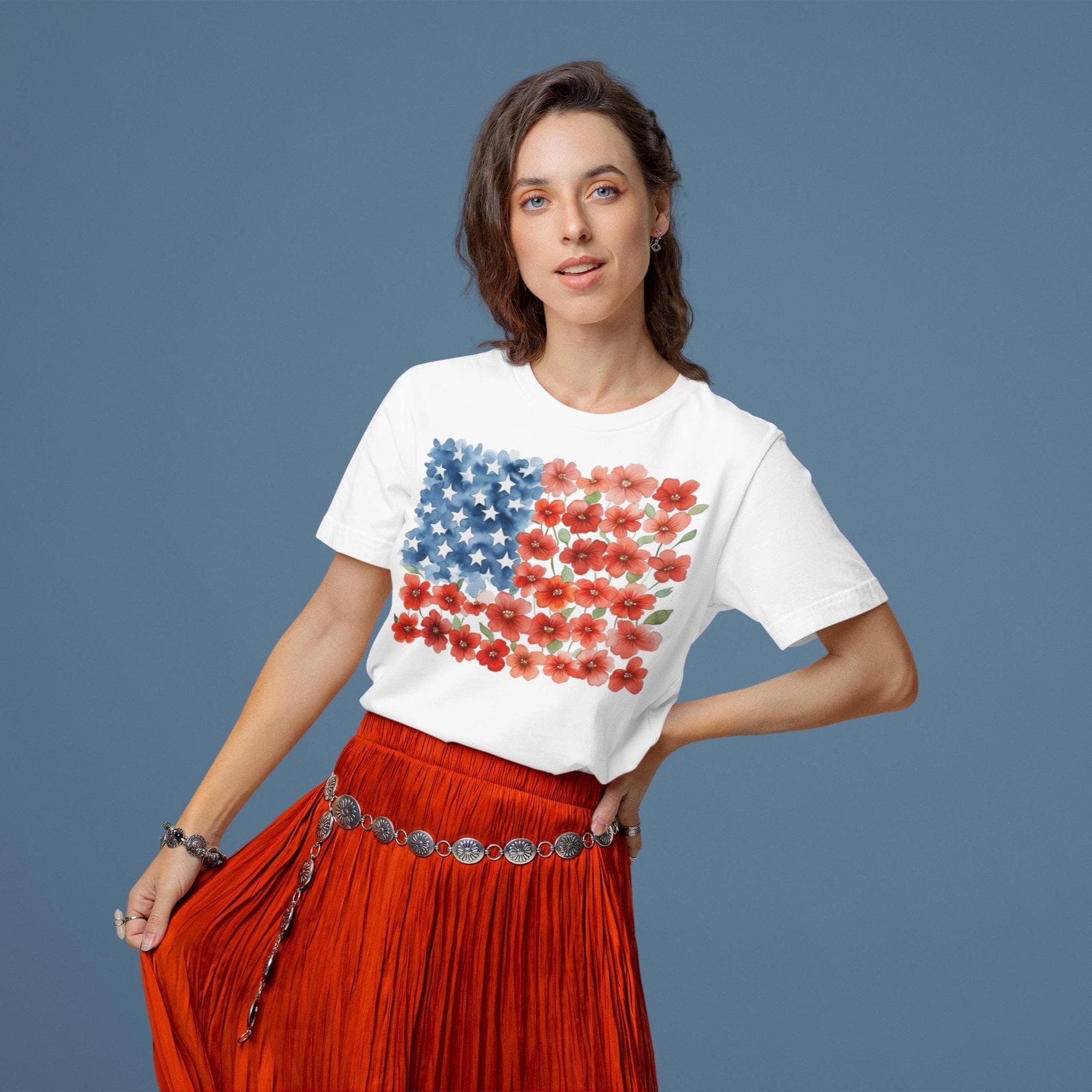 Women’s July 4th Tee Independence Day T-Shirt Fourth of July Shirt Floral Boho Bohemian Semi-Fitted