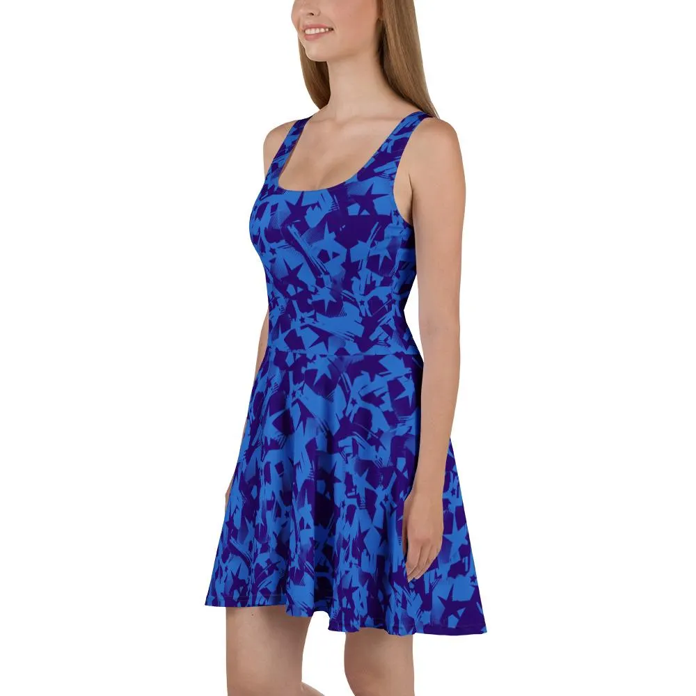 Patriotic Sleeveless Blue Stars Print Skater Dress for Independence Day