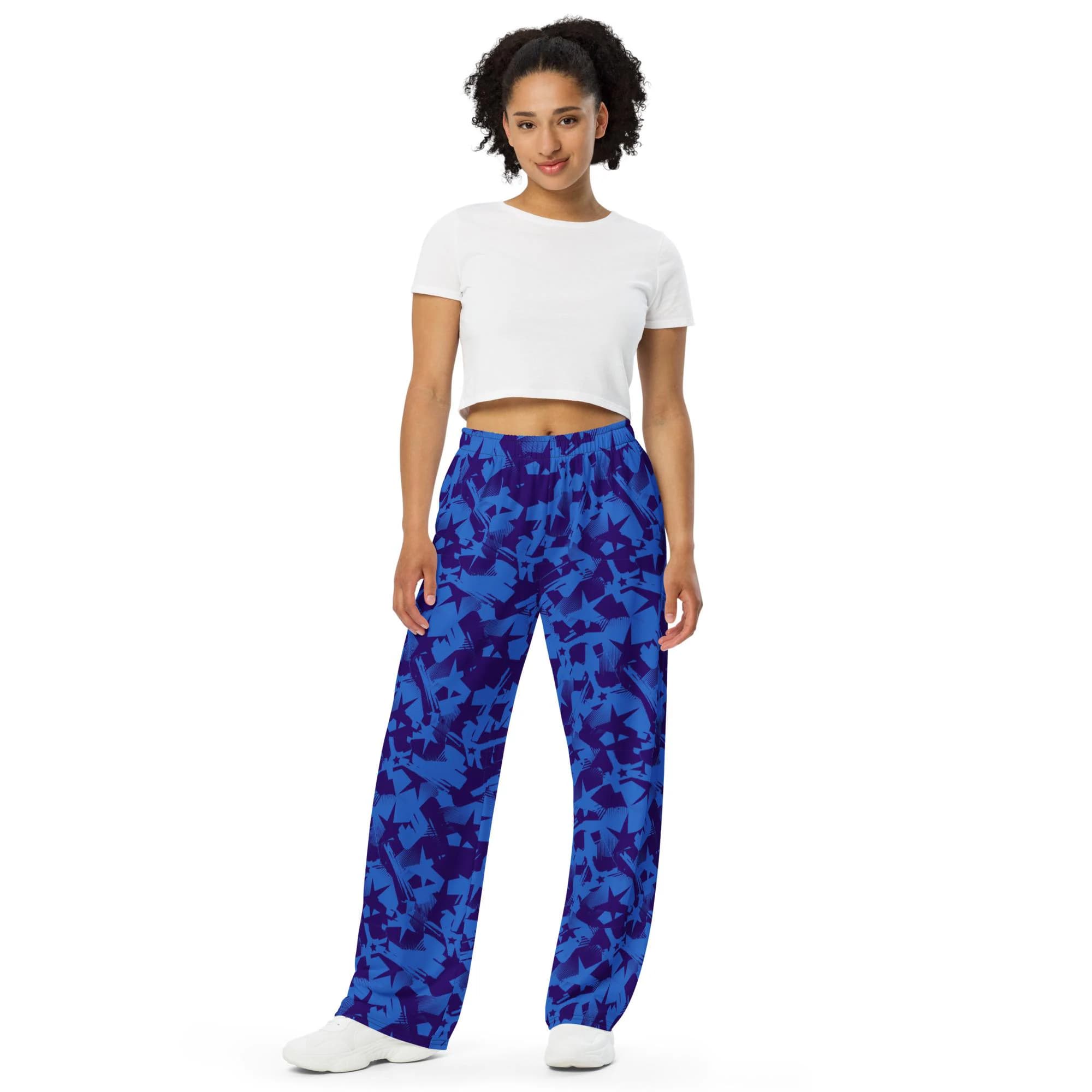 Patriotic Blue Stars Print Wide-leg Pants for Independence Day