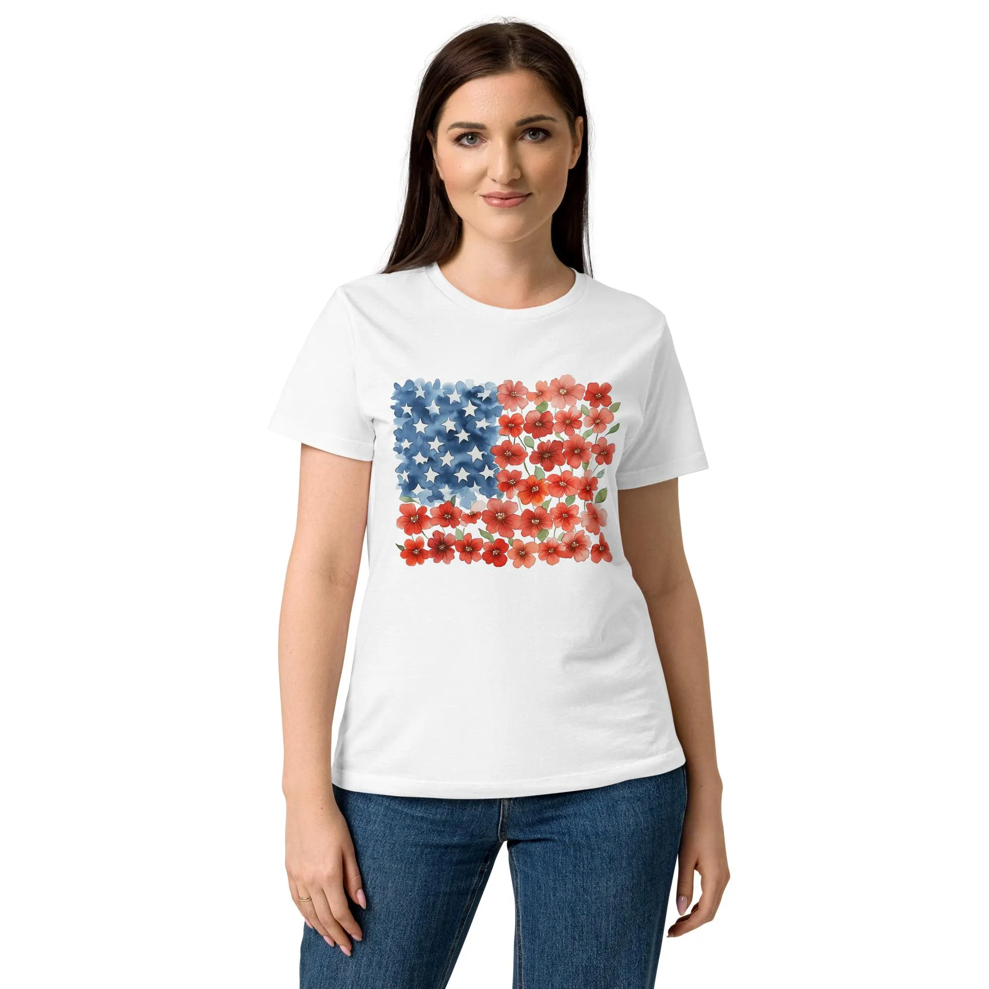 Women’s July 4th Tee Independence Day T-Shirt Fourth of July Shirt Floral Boho Bohemian Semi-Fitted