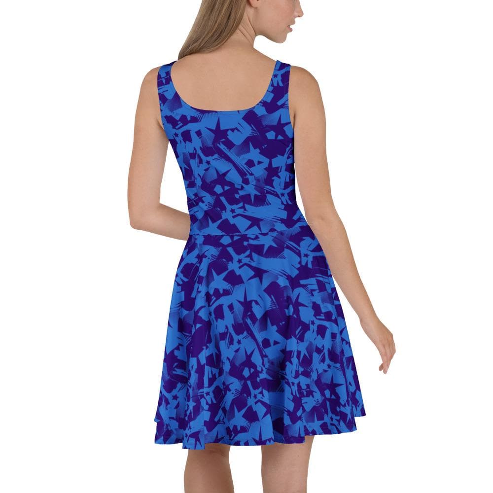Patriotic Sleeveless Blue Stars Print Skater Dress for Independence Day