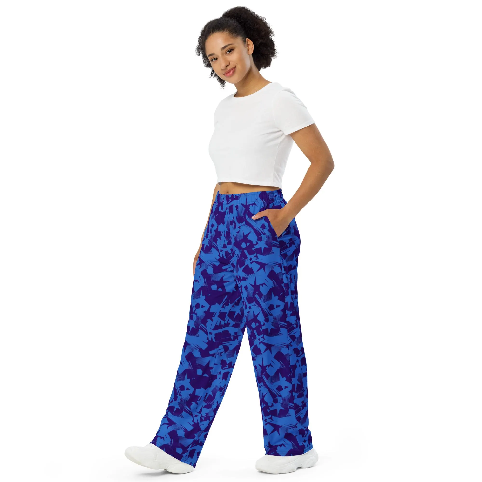 Patriotic Blue Stars Print Wide-leg Pants for Independence Day