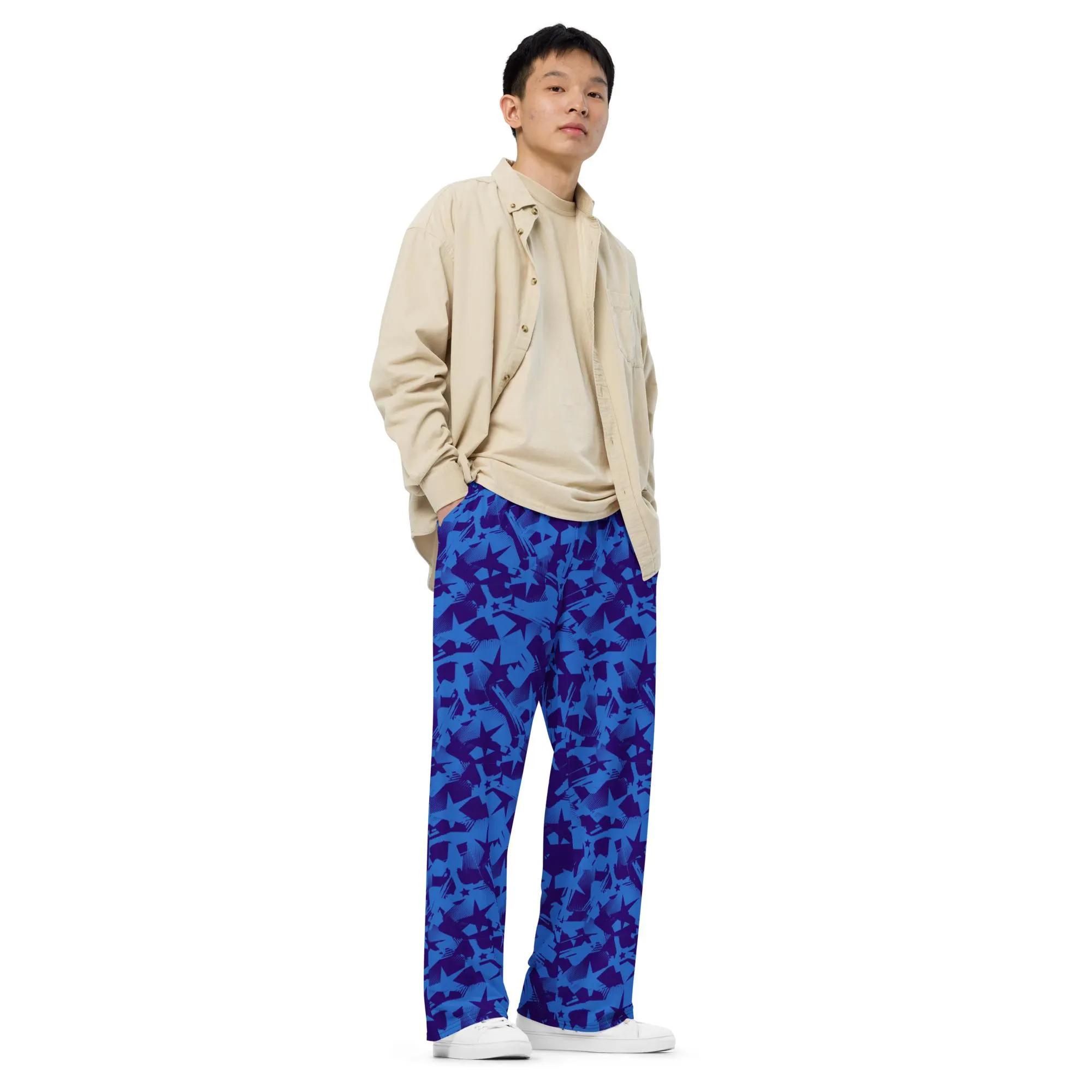 Patriotic Blue Stars Print Wide-leg Pants for Independence Day