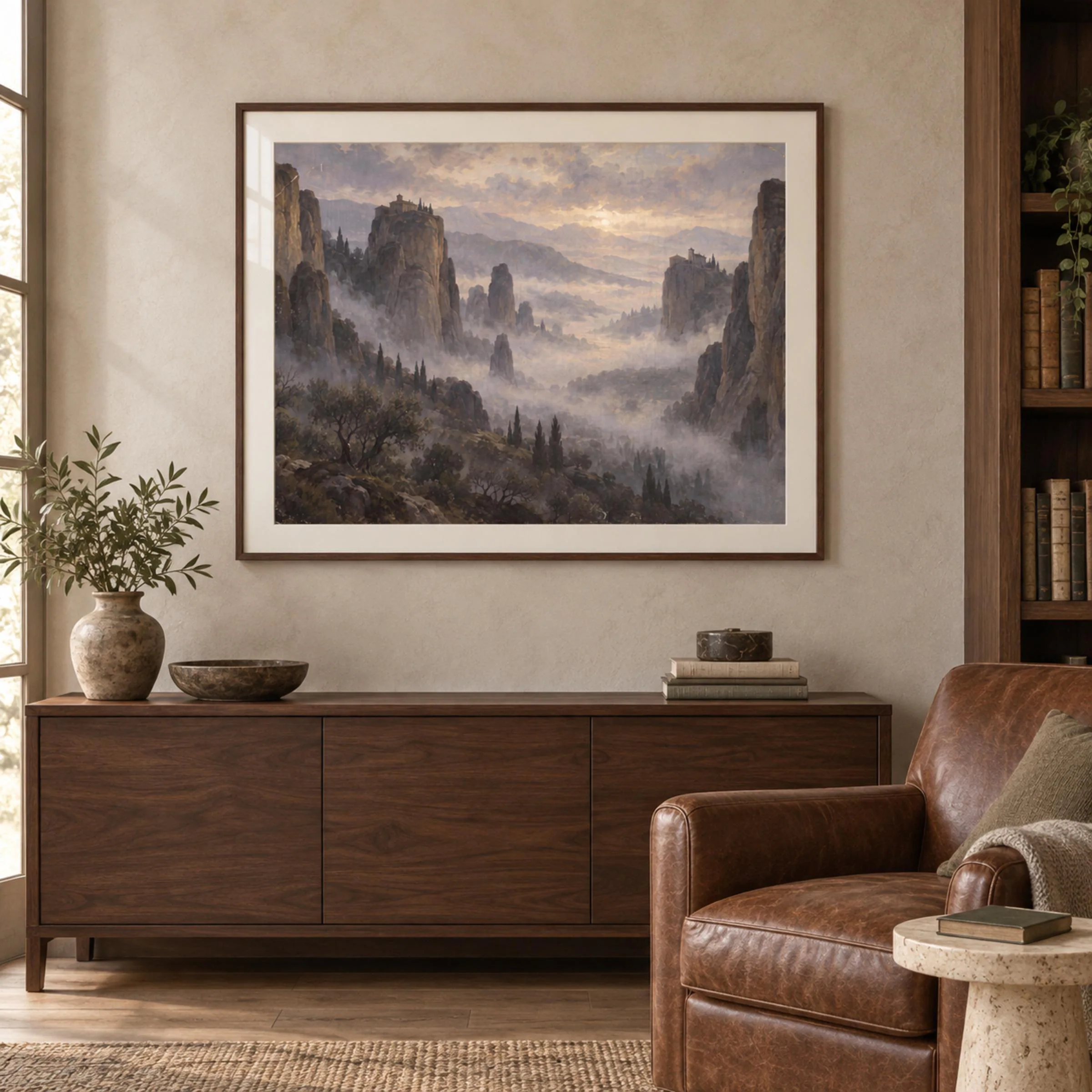 Vintage Misty Mountain Wall Art, Cliffside Monastery Landscape, Ethereal Valley, Rustic Mediterranean Digital Download - image 4