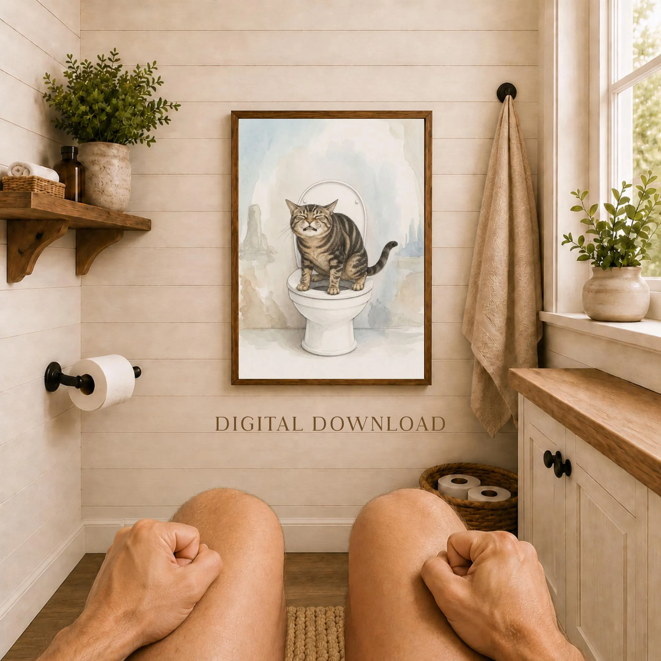 Funny Cat Bathroom Wall Art, Tabby Cat Toilet Print, Watercolor Style Decor Digital Download - image 4