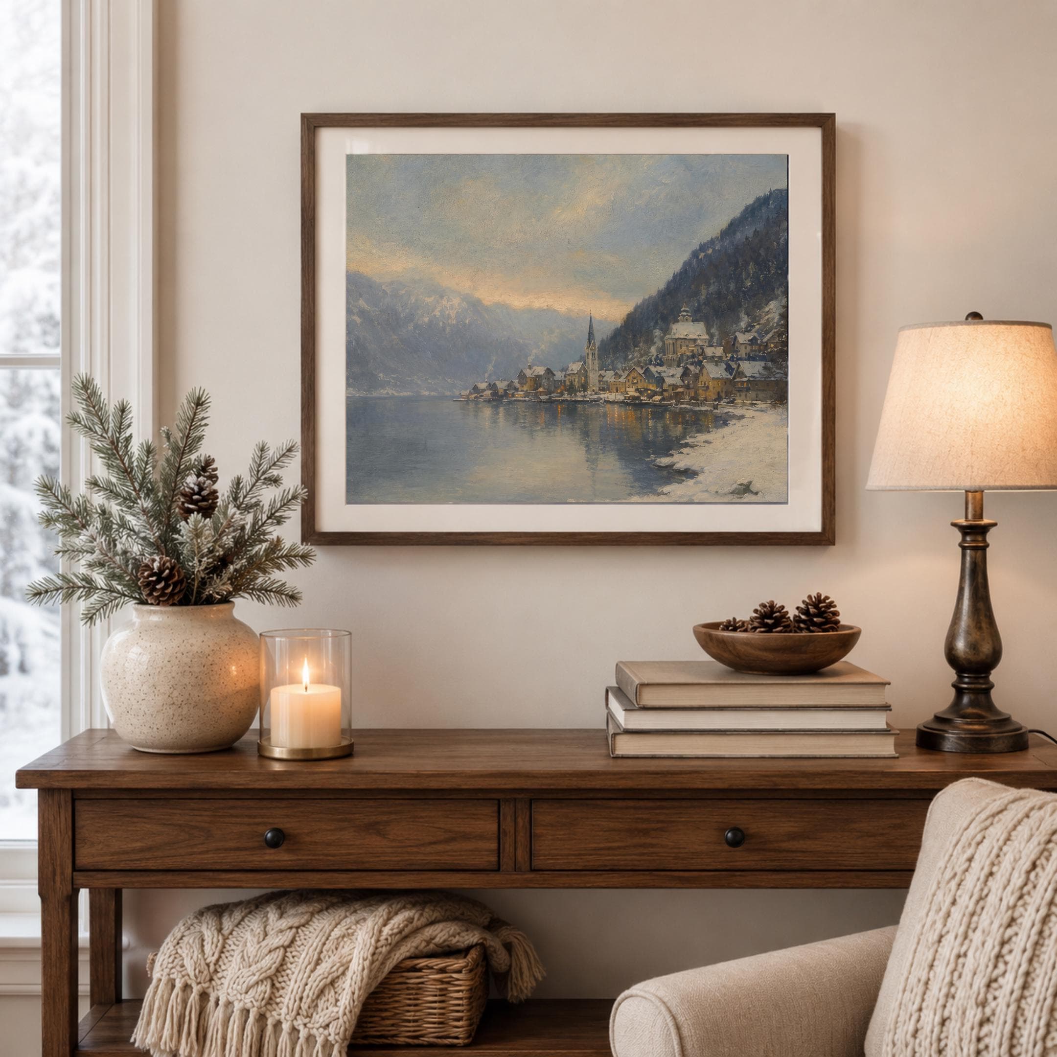 Winter Village Wall Art | Hallstatt Austria Inspired Lake Scene | Printable Digital Download - image 5