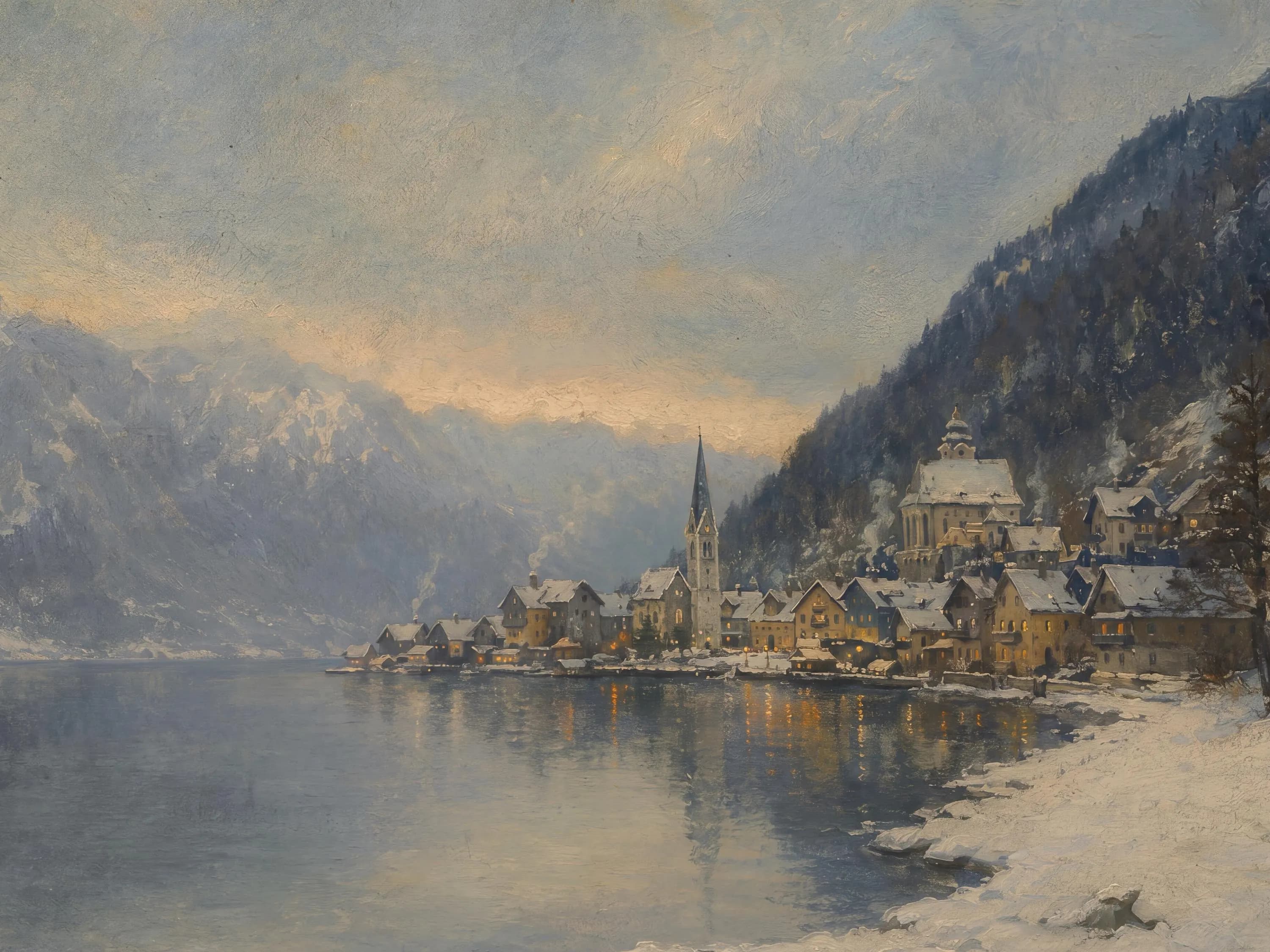 Winter Village Wall Art | Hallstatt Austria Inspired Lake Scene | Printable Digital Download - image 3
