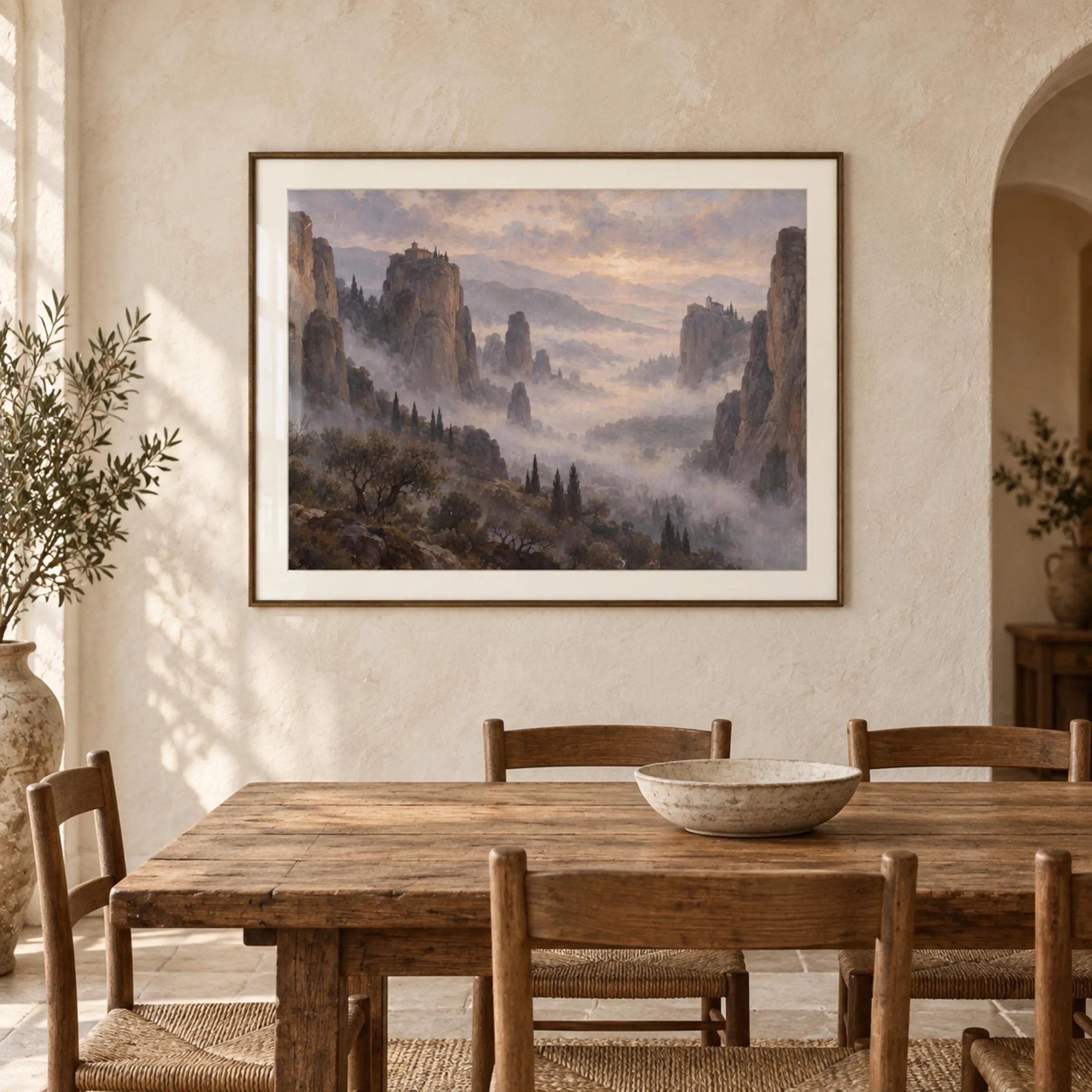 Vintage Misty Mountain Wall Art, Cliffside Monastery Landscape, Ethereal Valley, Rustic Mediterranean Digital Download - image 5
