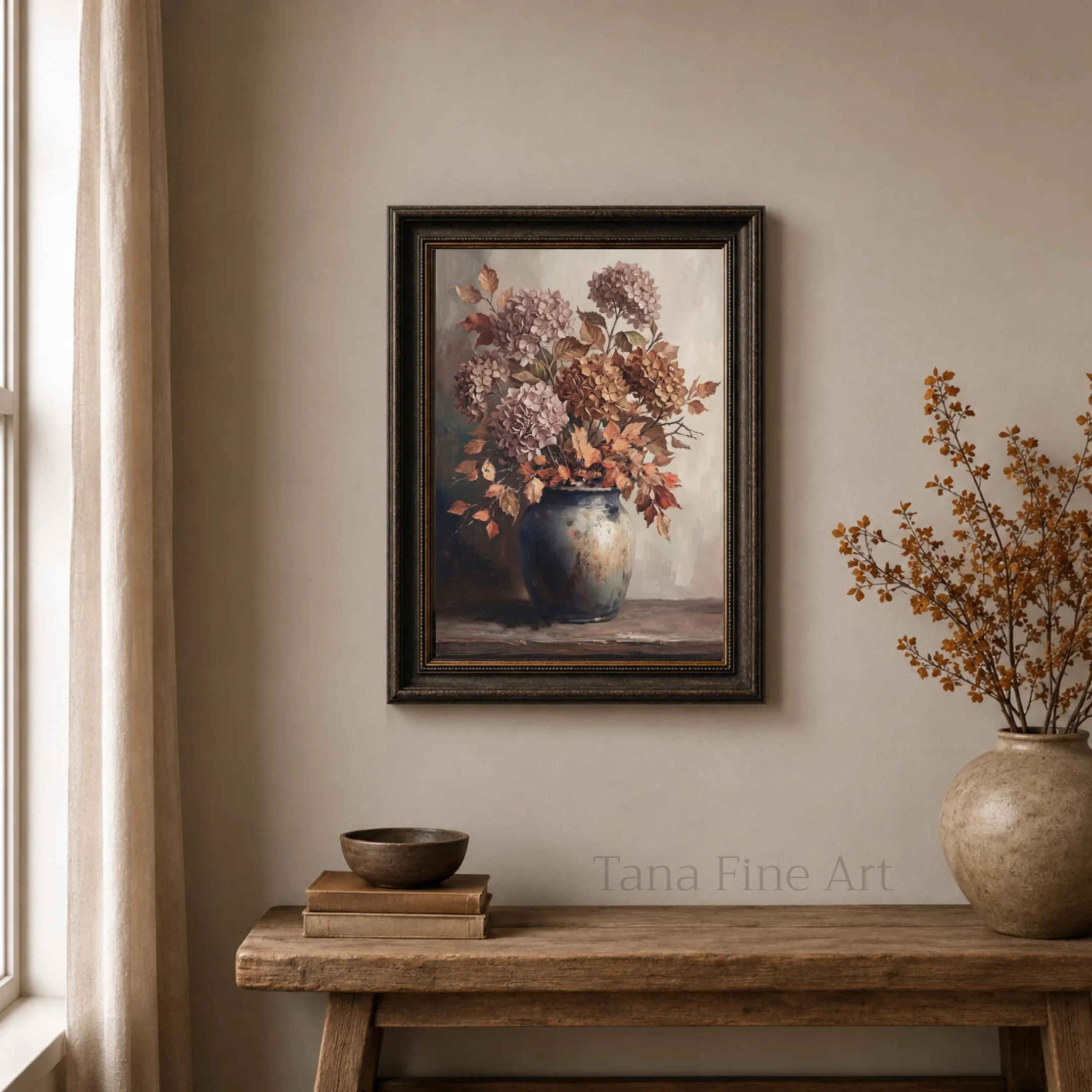 Hydrangea Fall Wall Art, Mauve Autumn Floral Vase, Moody Cottage Still Life (Digital Download) - image 4