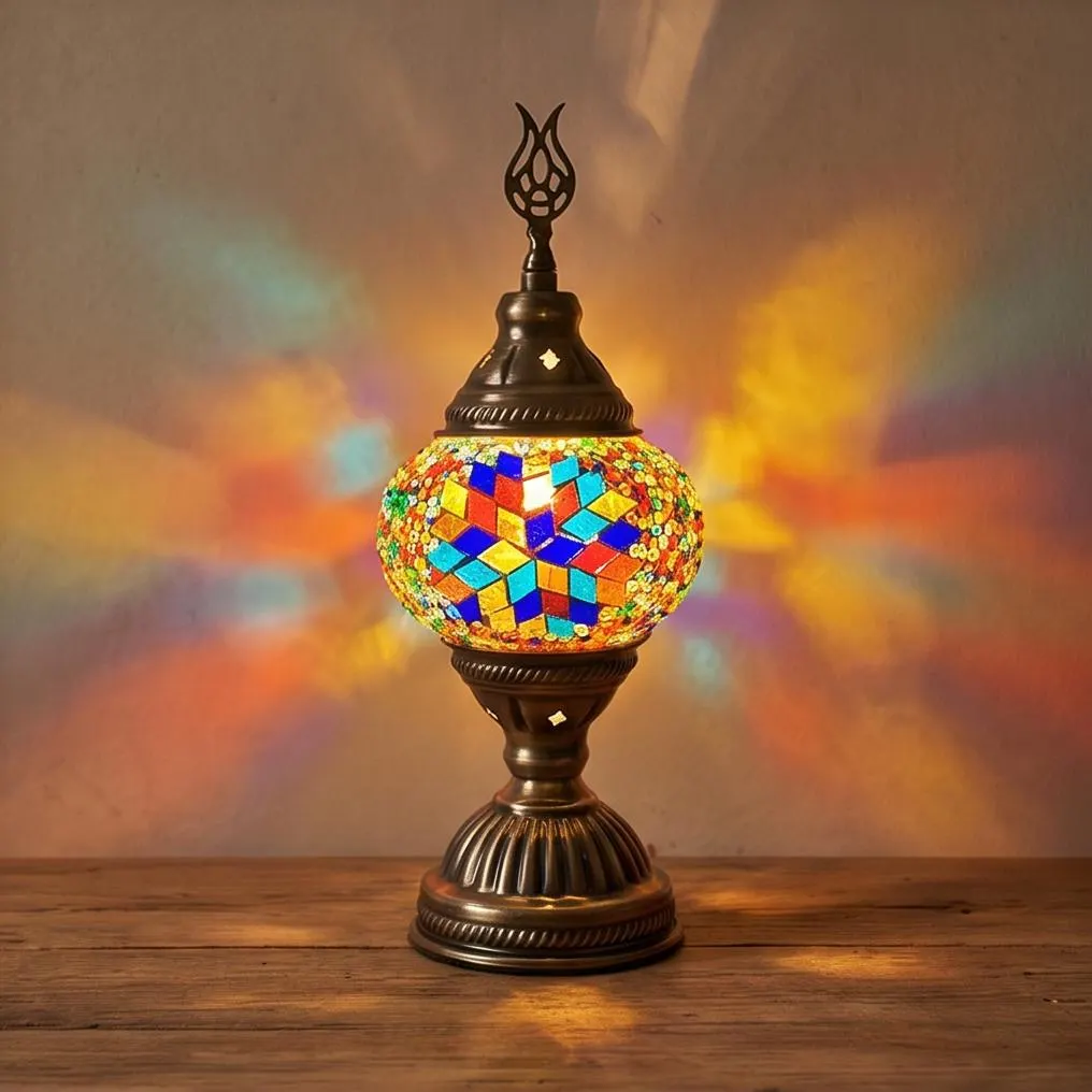 Turkish Mosaic Table Lamp | Stained Glass Lamp | Brass Desk Light | Boho Bedroom Decor - image 3