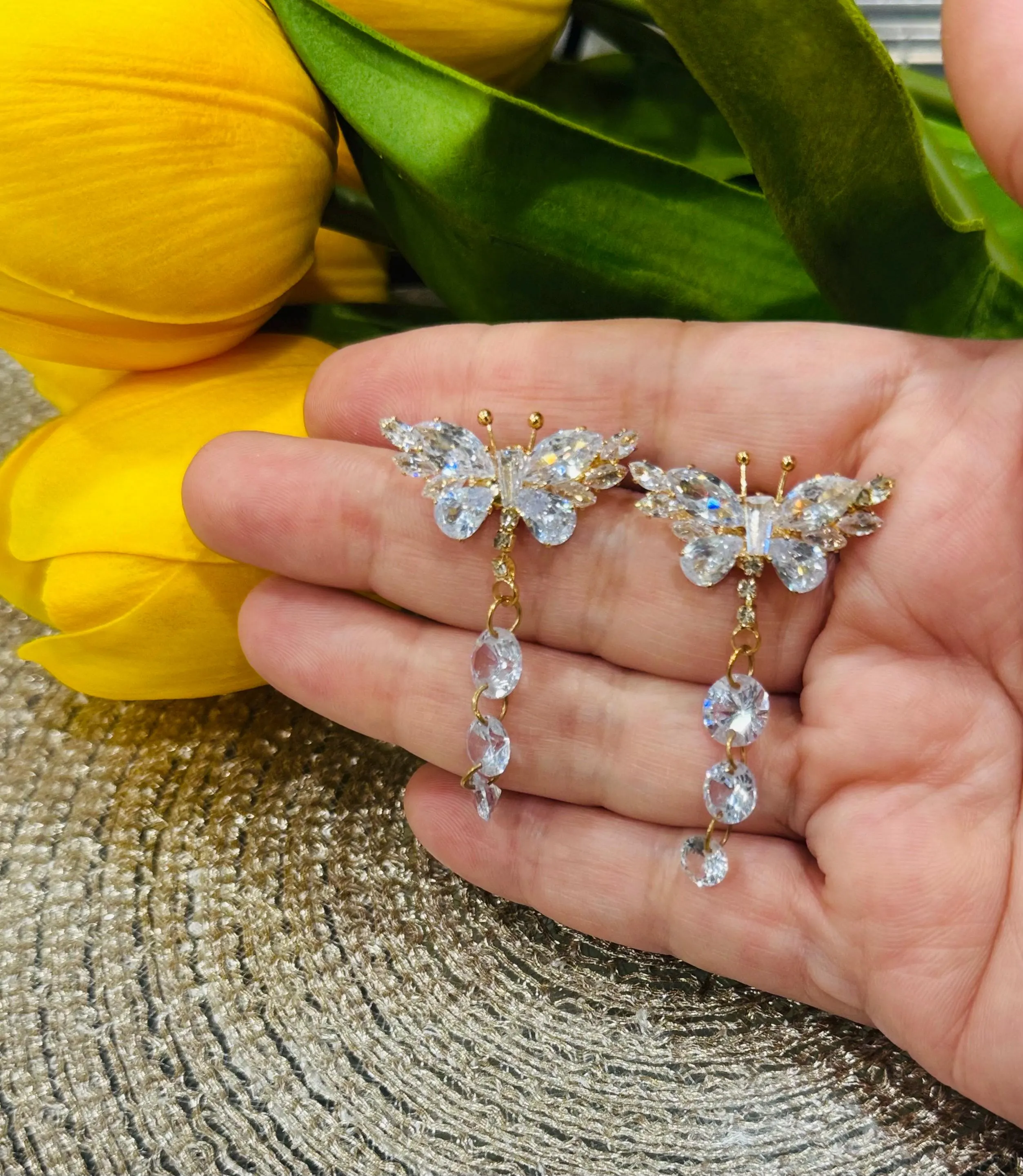Gold Butterfly Crystal Drop Earrings | Dainty Rhinestone Bridal Fairycore Jewelry - image 5
