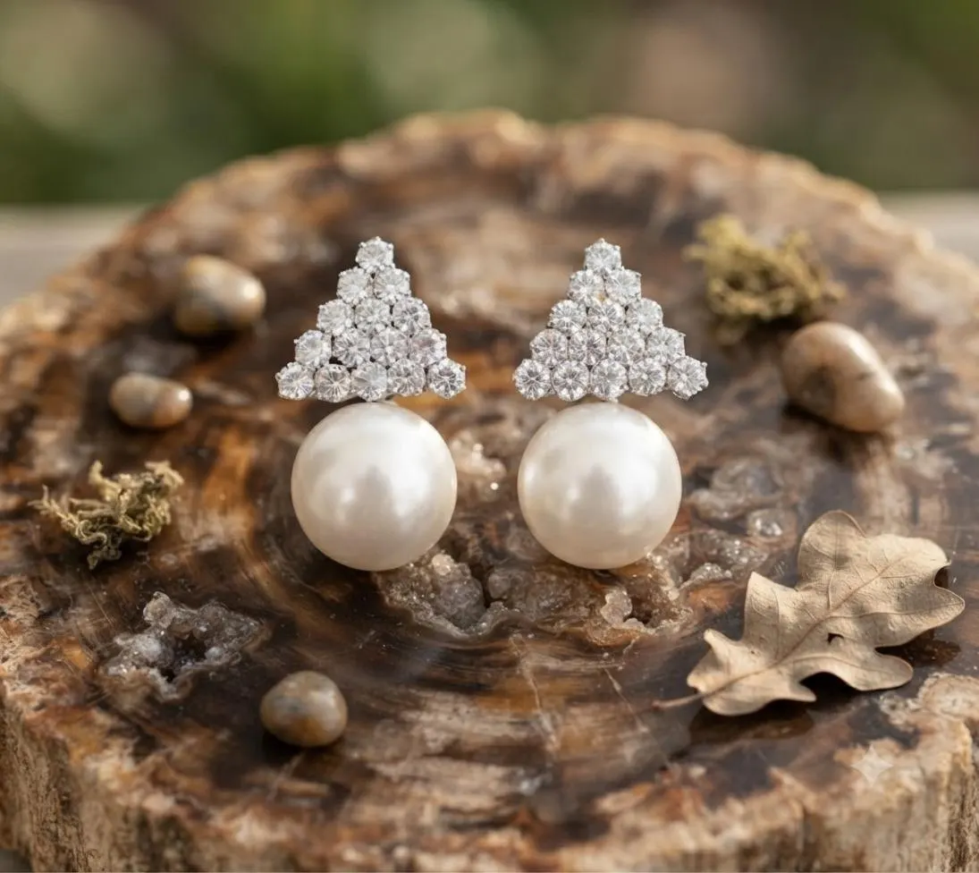 Crystal Triangle Pearl Drop Earrings, Bridal Wedding Statement Jewelry - image 3