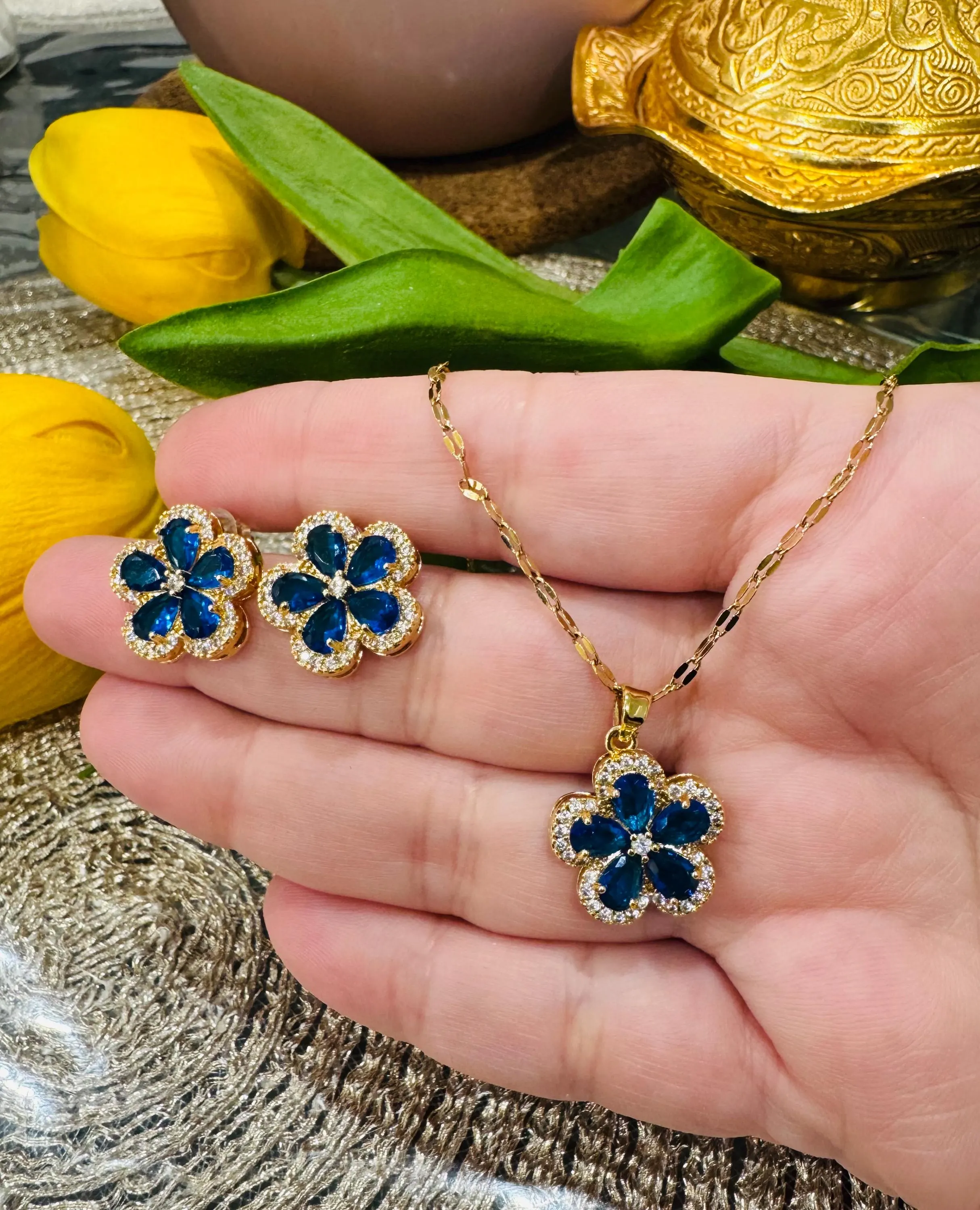 Blue Flower Jewelry Set: Zirconia Pendant Necklace, Stud Earrings, Gold-Tone Floral Design - image 4