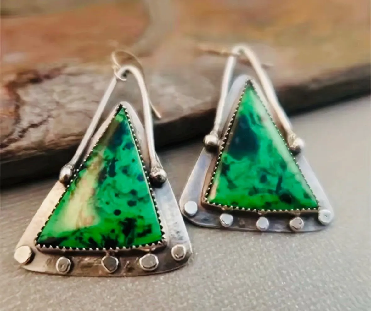 Green Stone Triangle Earrings in Sterling Silver - image 4