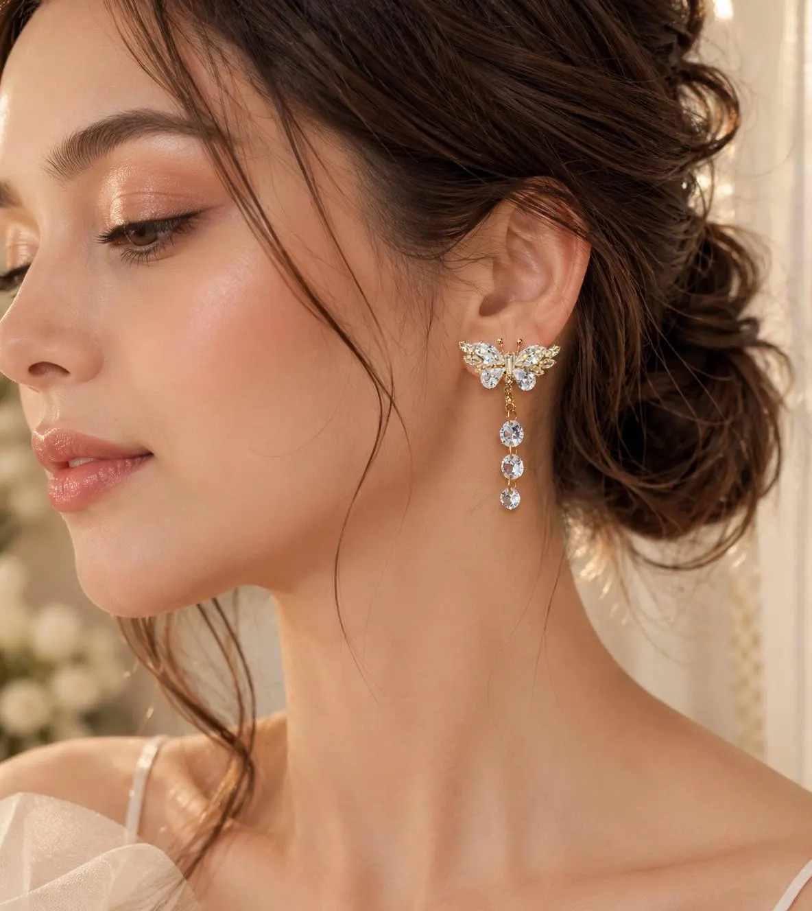 Gold Butterfly Crystal Drop Earrings | Dainty Rhinestone Bridal Fairycore Jewelry