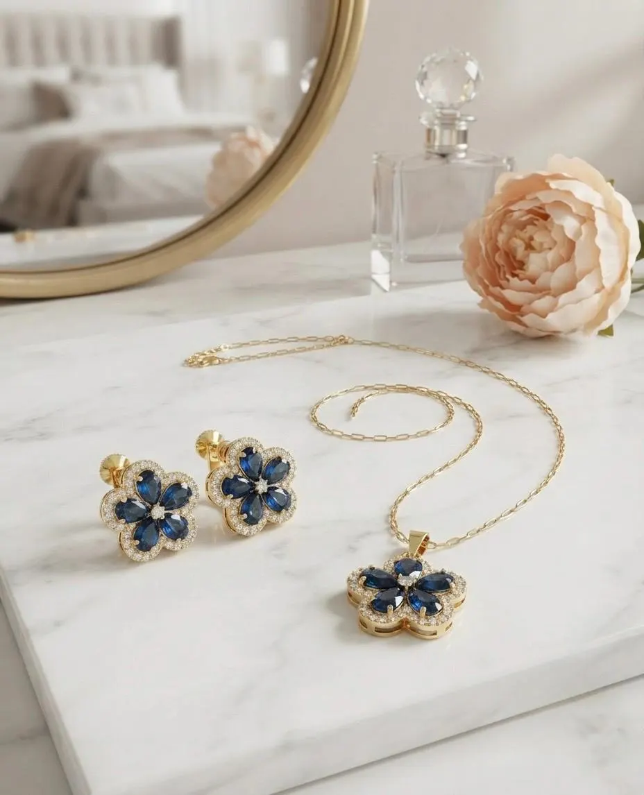 Blue Flower Jewelry Set: Zirconia Pendant Necklace, Stud Earrings, Gold-Tone Floral Design - image 2
